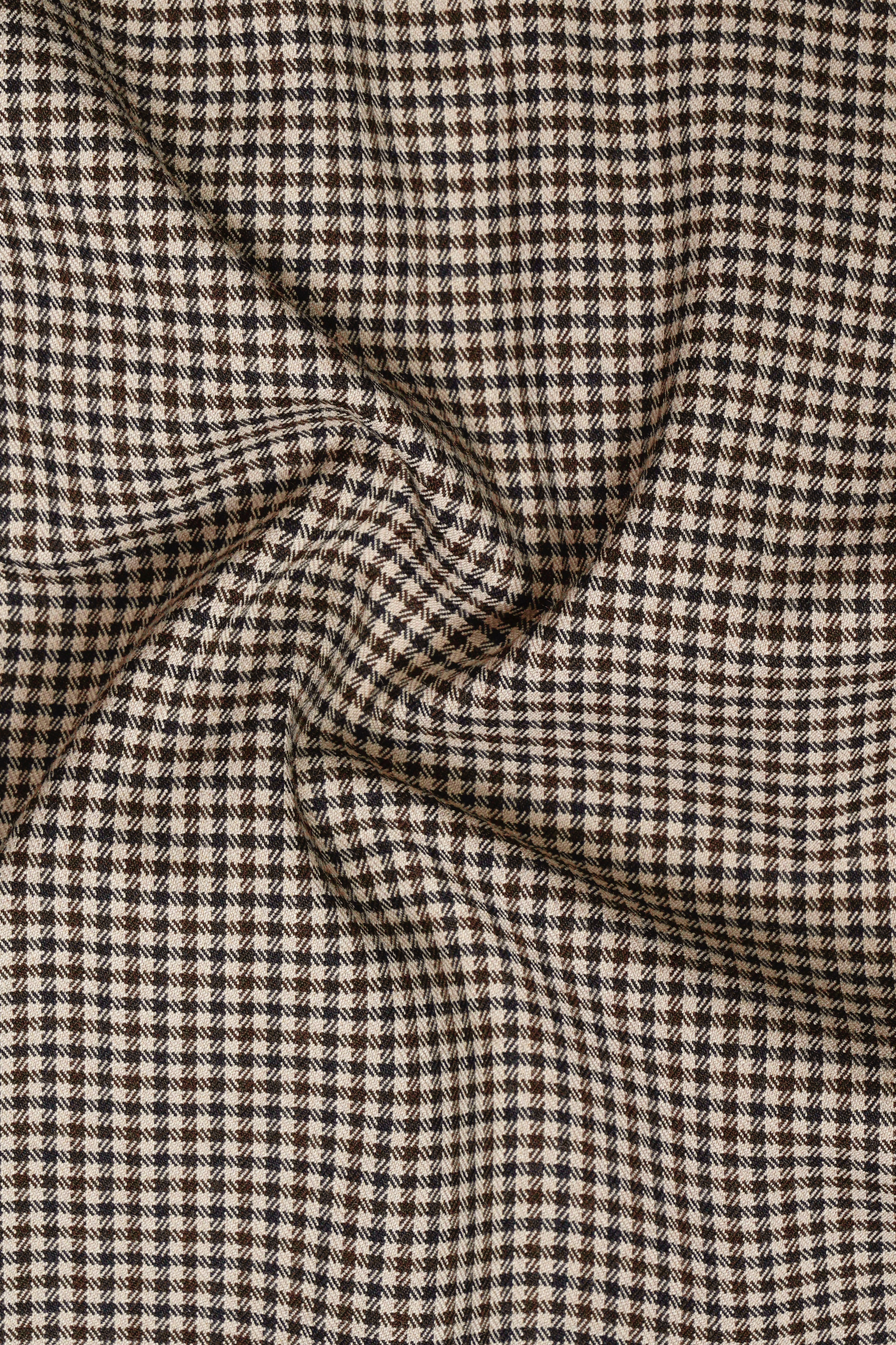 Mocha-Bison Cream And Swirl Brown Gingham Checked Wool Rich Stretchable Waistband Pant