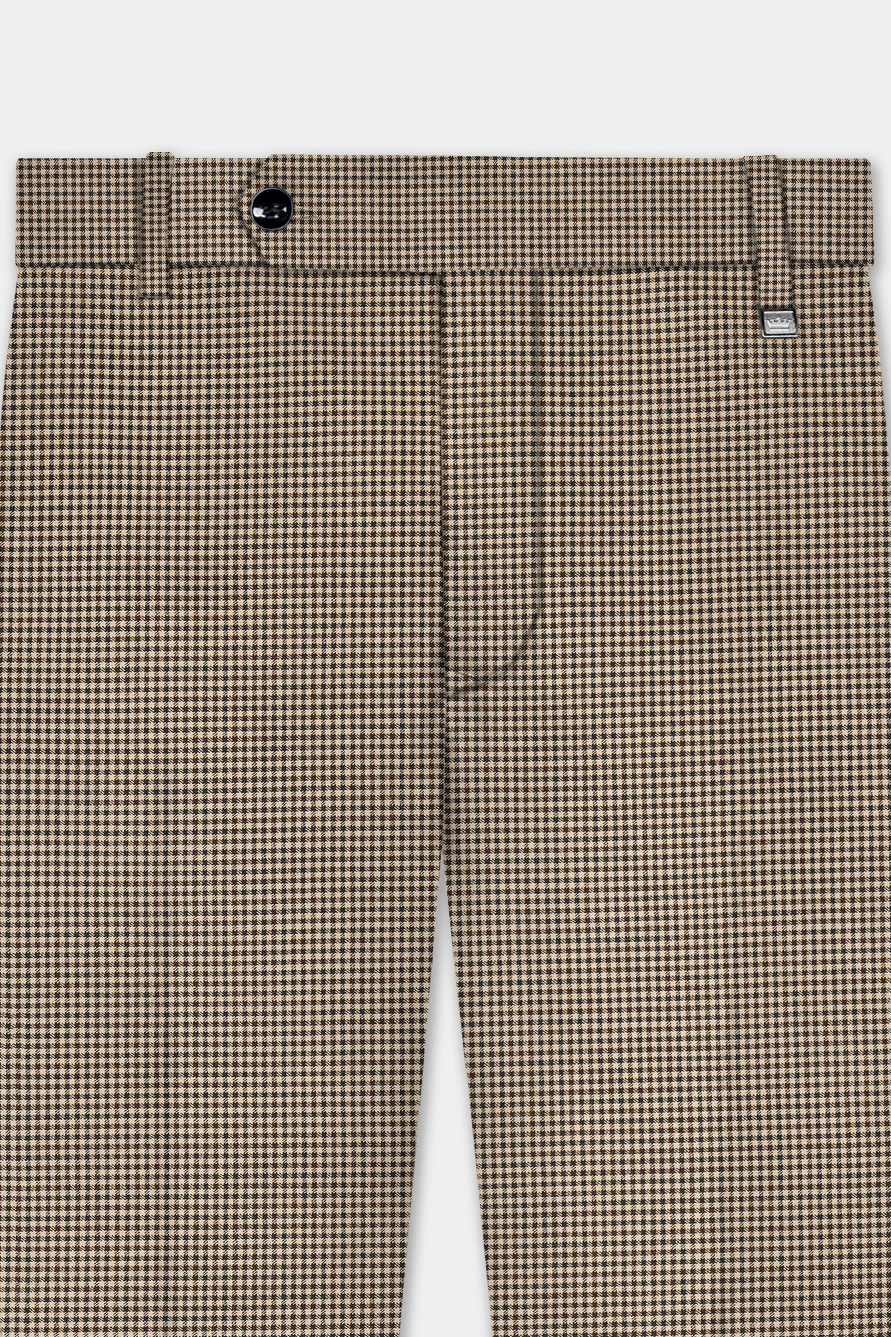 Mocha-Bison Cream And Swirl Brown Gingham Checked Wool Rich Stretchable Waistband Pant