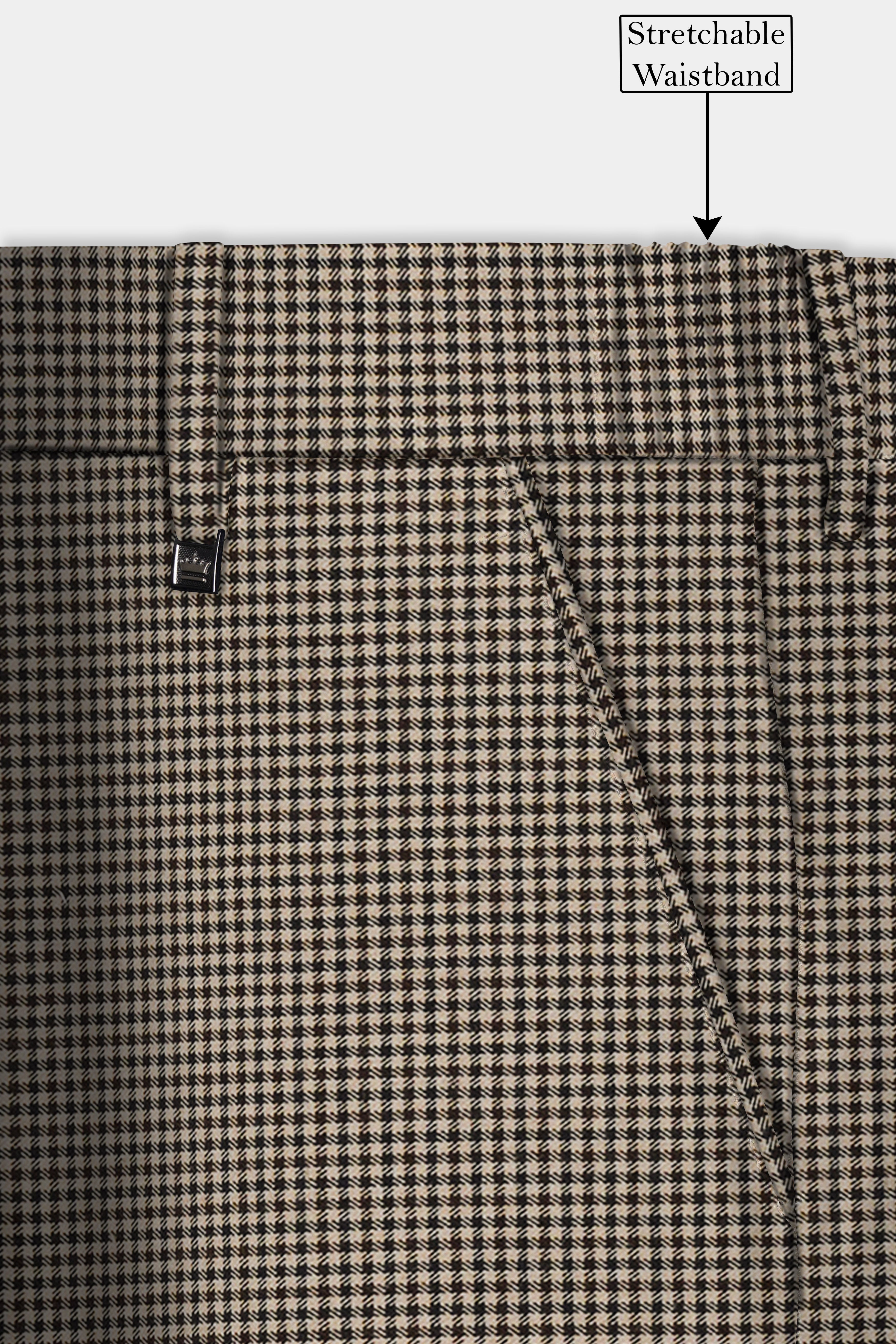 Mocha-Bison Cream And Swirl Brown Gingham Checked Wool Rich Stretchable Waistband Pant