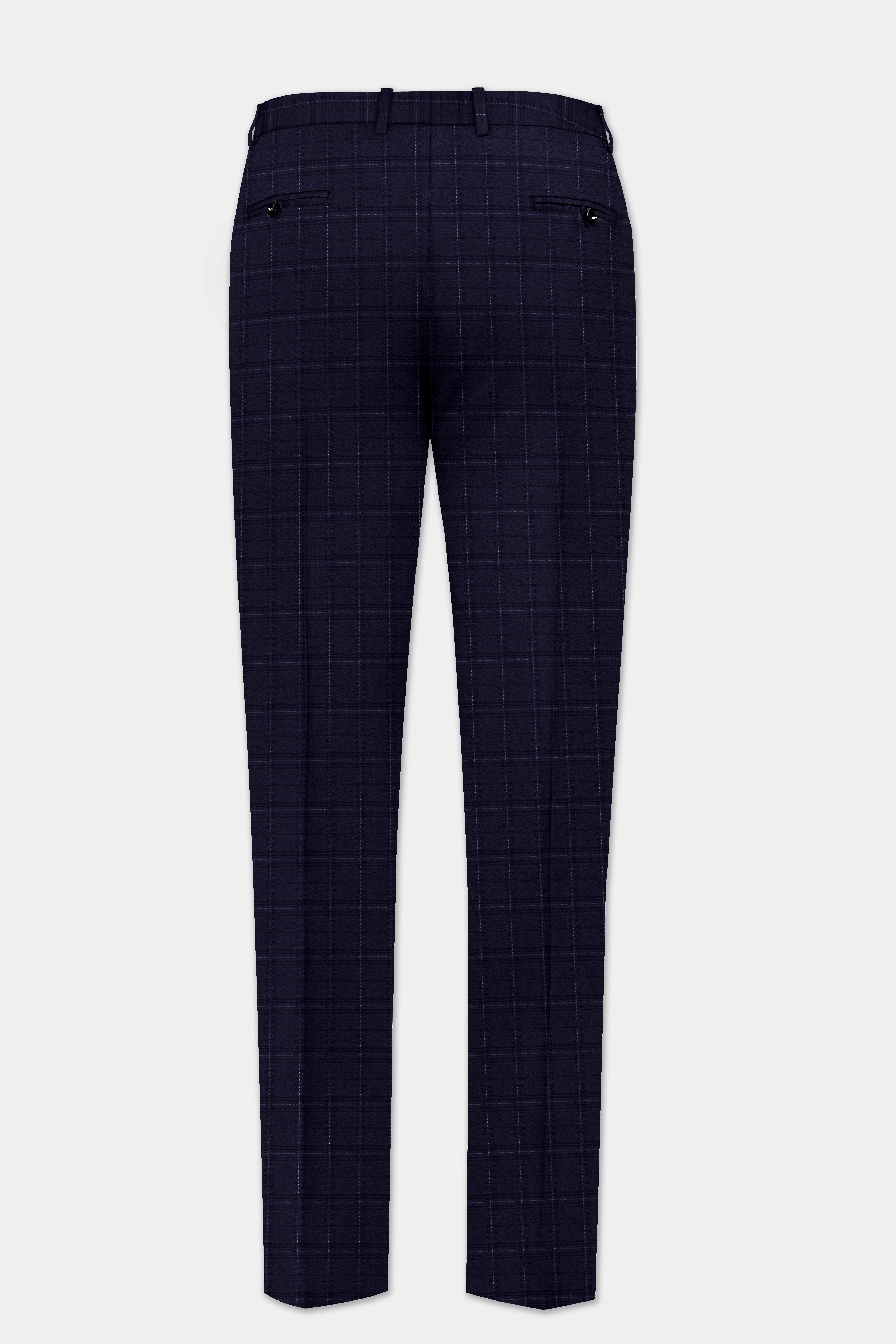 Sapphire Grid-Mirage Blue Plaid Wool Rich Stretchable Waistband Pant