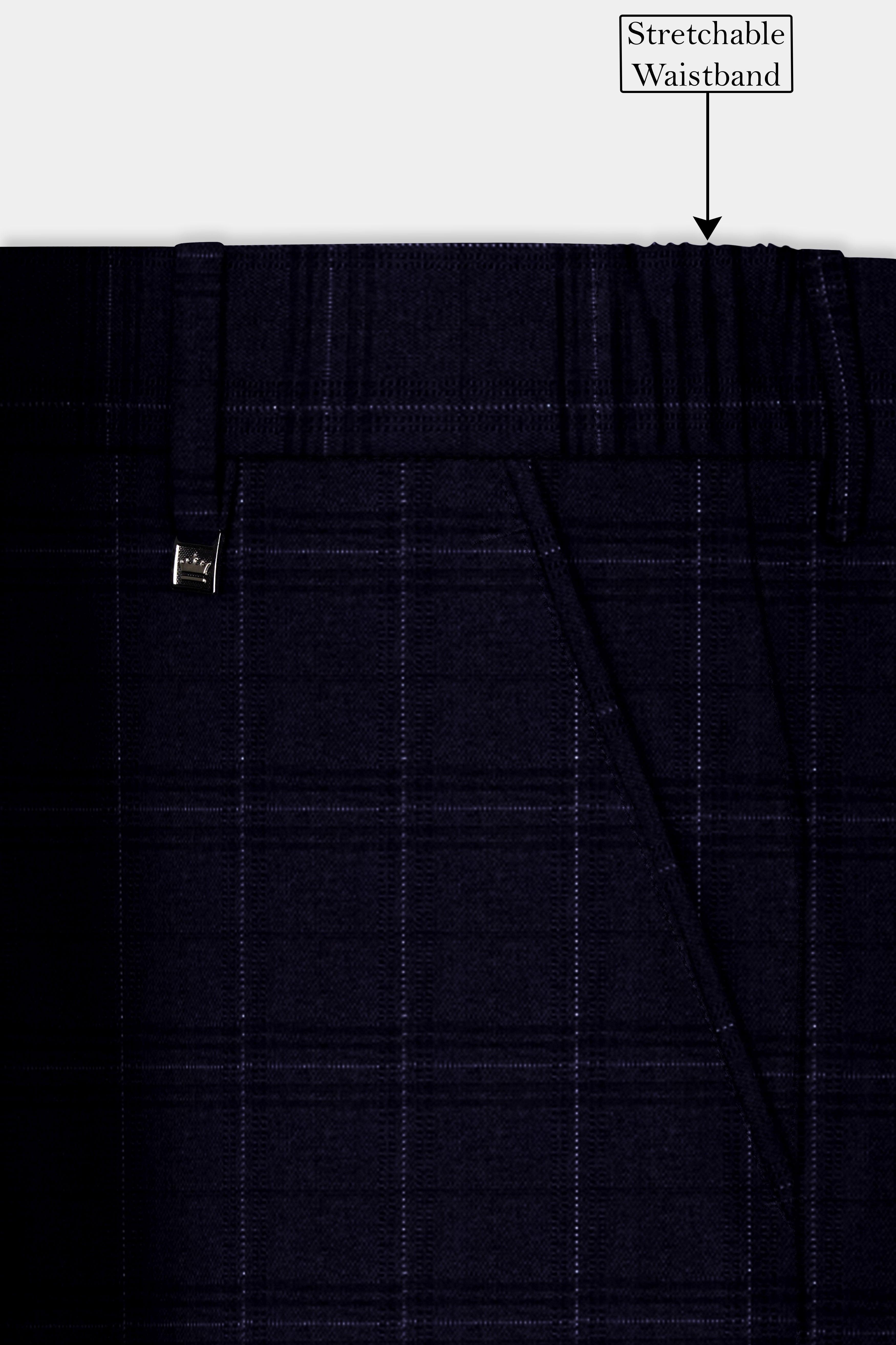 Sapphire Grid-Mirage Blue Plaid Wool Rich Stretchable Waistband Pant