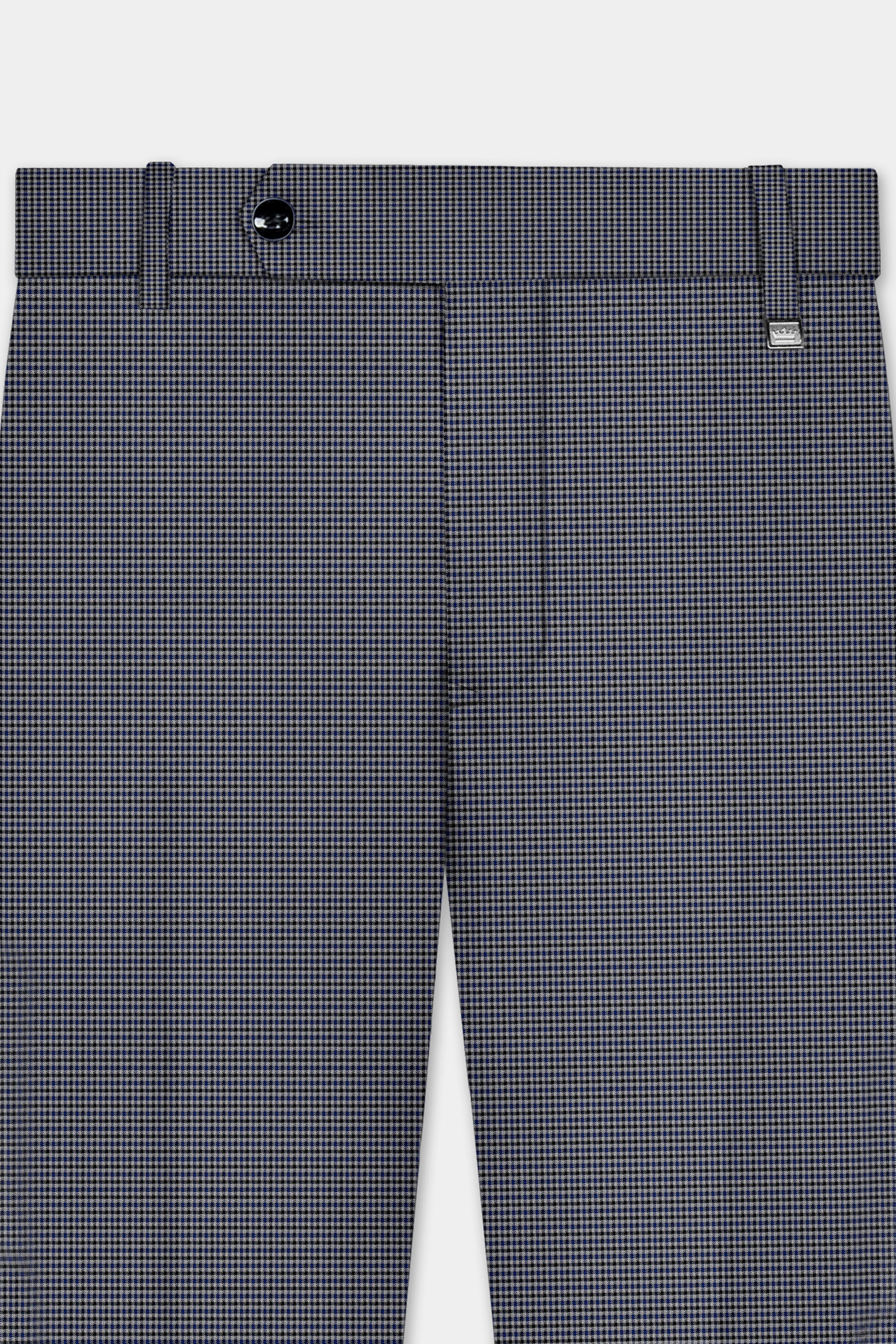 Titan-Downriver Blue And Piano Gray Gingham Checked Wool Rich Stretchable Waistband Pant