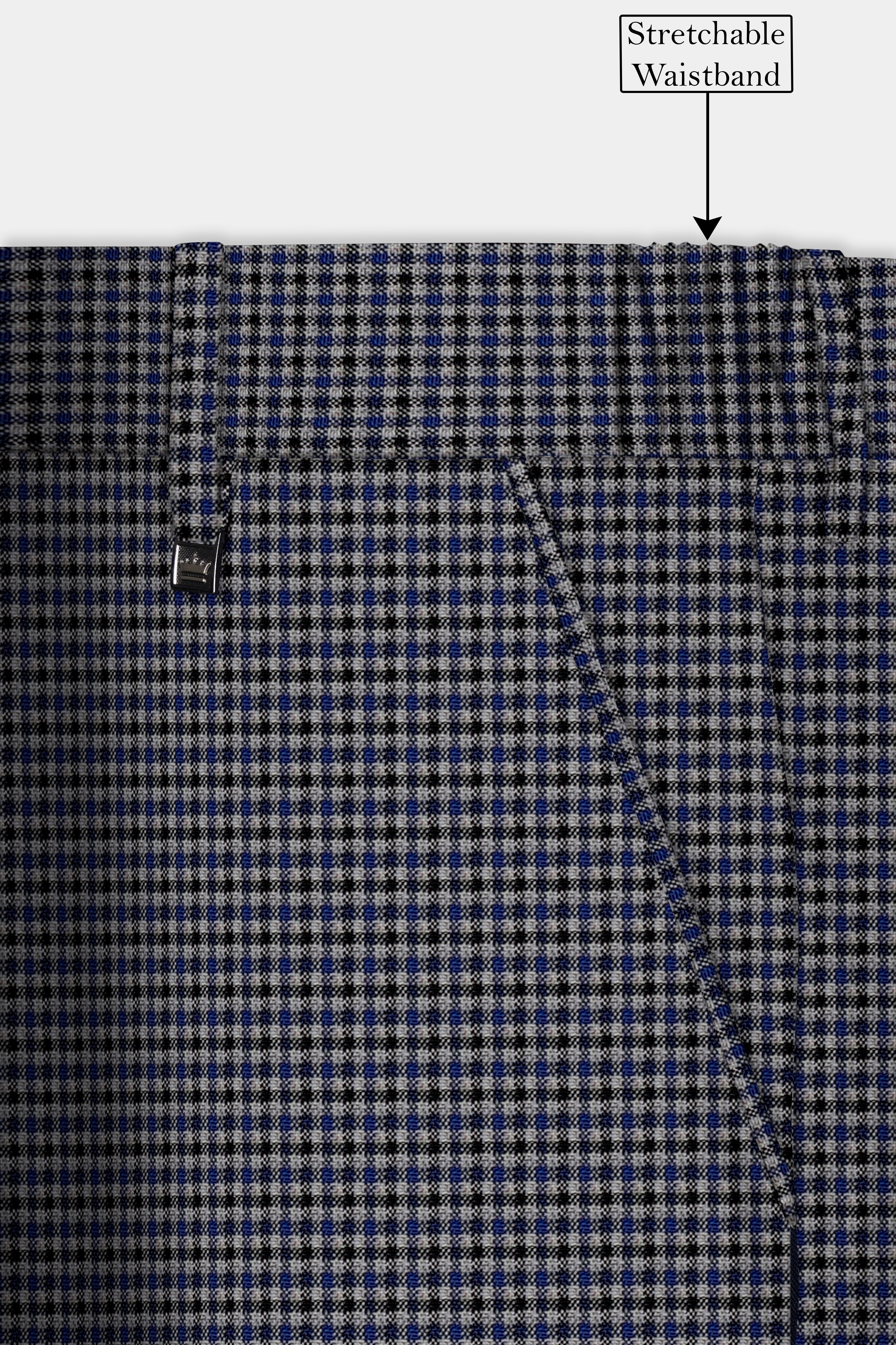 Titan-Downriver Blue And Piano Gray Gingham Checked Wool Rich Stretchable Waistband Pant