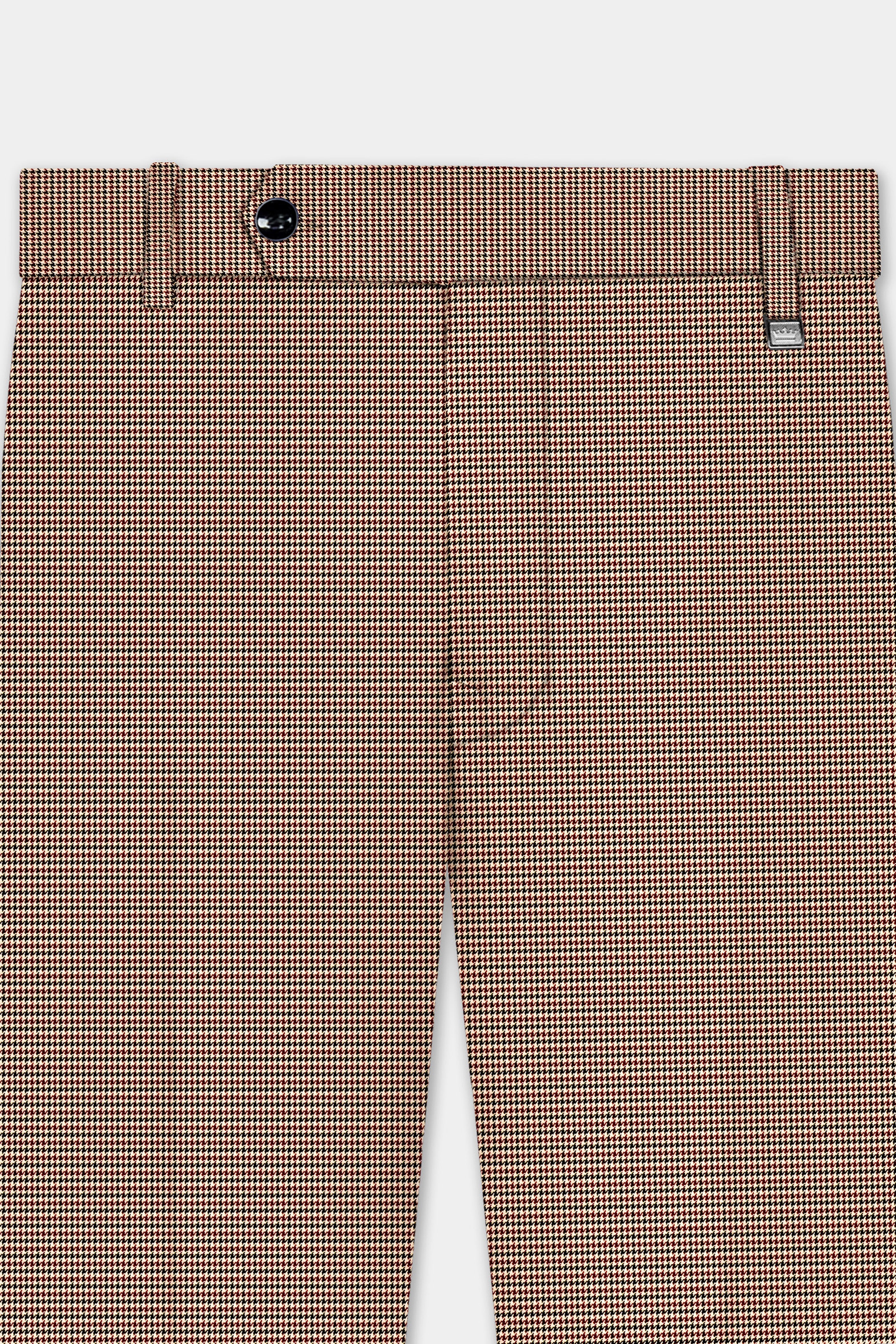 Majestic Rouge-Lotus Red And Almond Cream houndstooth Textured Wool Rich Stretchable Waistband Pant