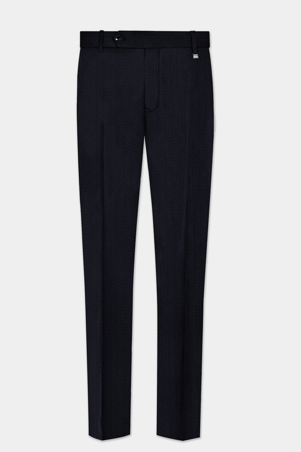 Indigo Prestige-French Navy Textured Wool Rich Stretchable Waistband Pant