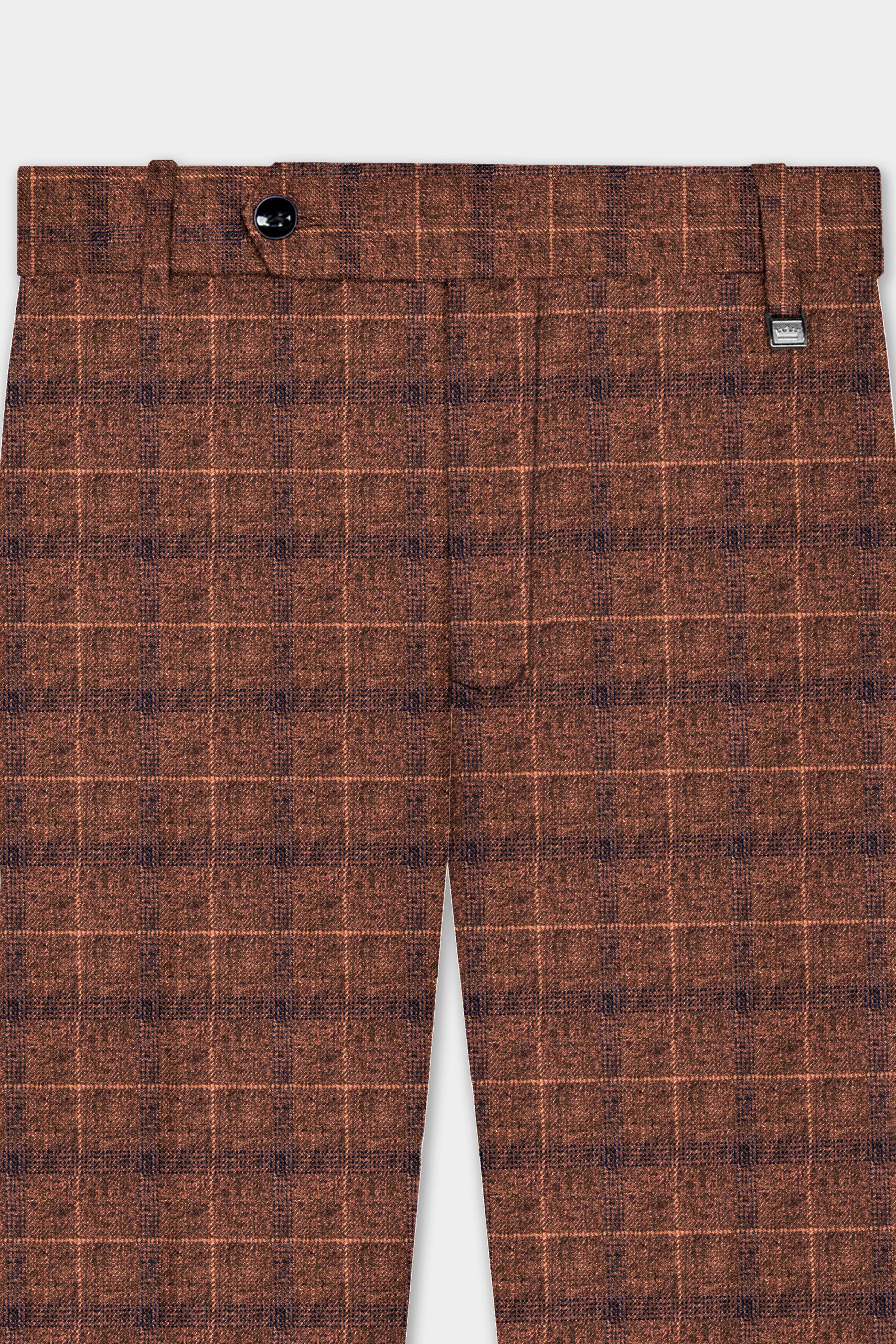 Cinnamon Spice-Spice Brown Plaid Wool Rich Stretchable Waistband Pant