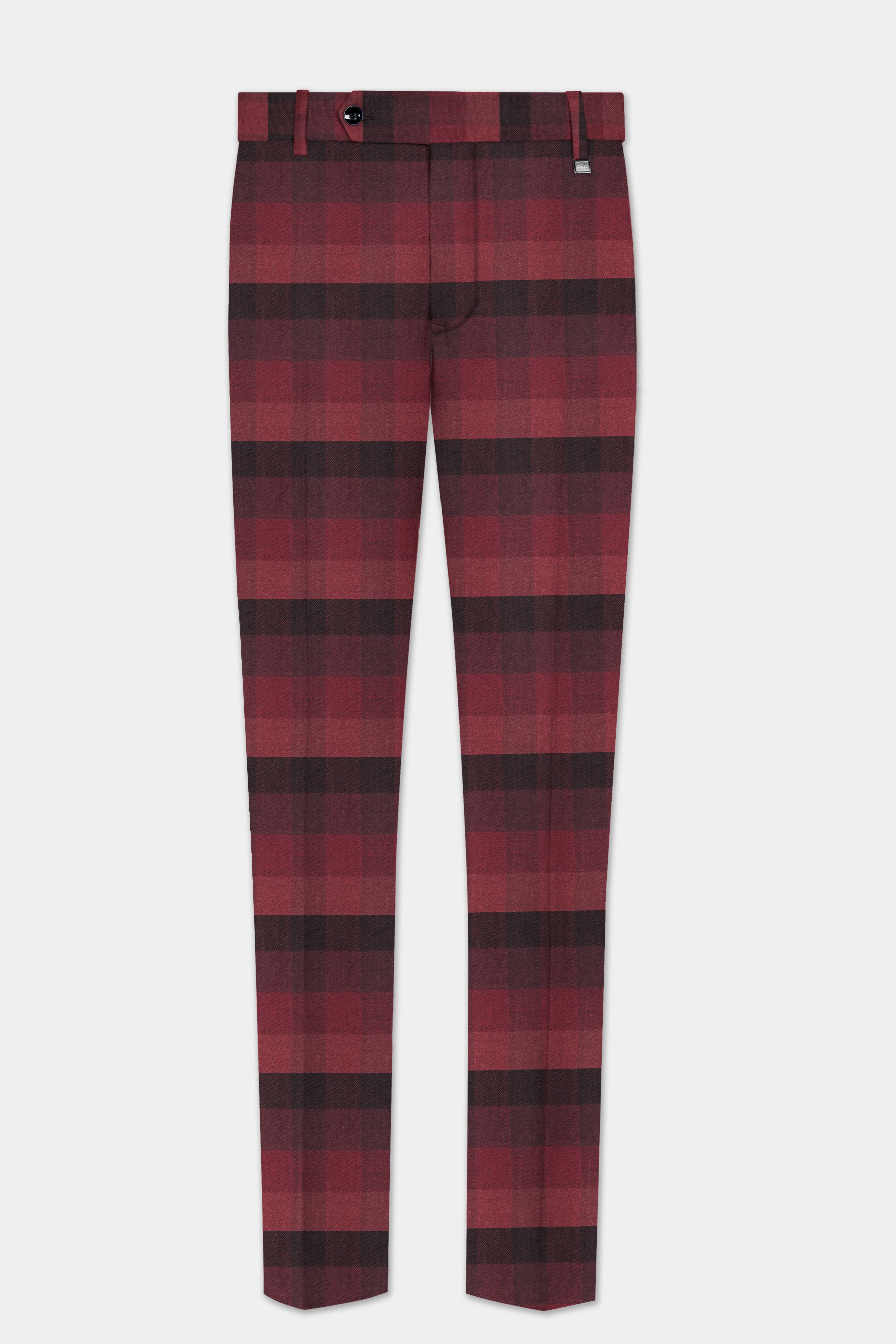 Obsidian-Wine Berry Red And Thunder Black Plaid Tweed Stretchable Waistband Pant