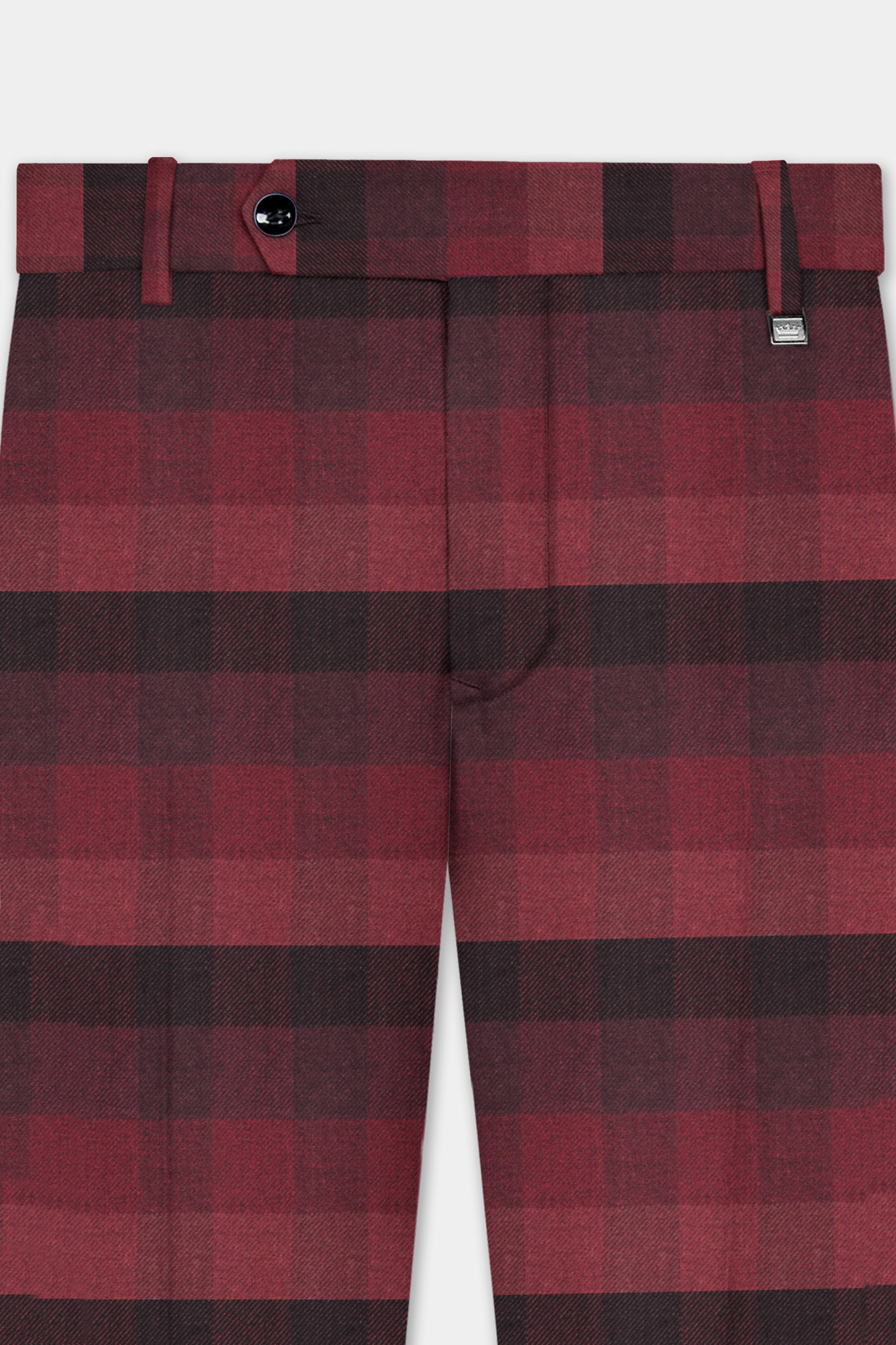 Obsidian-Wine Berry Red And Thunder Black Plaid Tweed Stretchable Waistband Pant