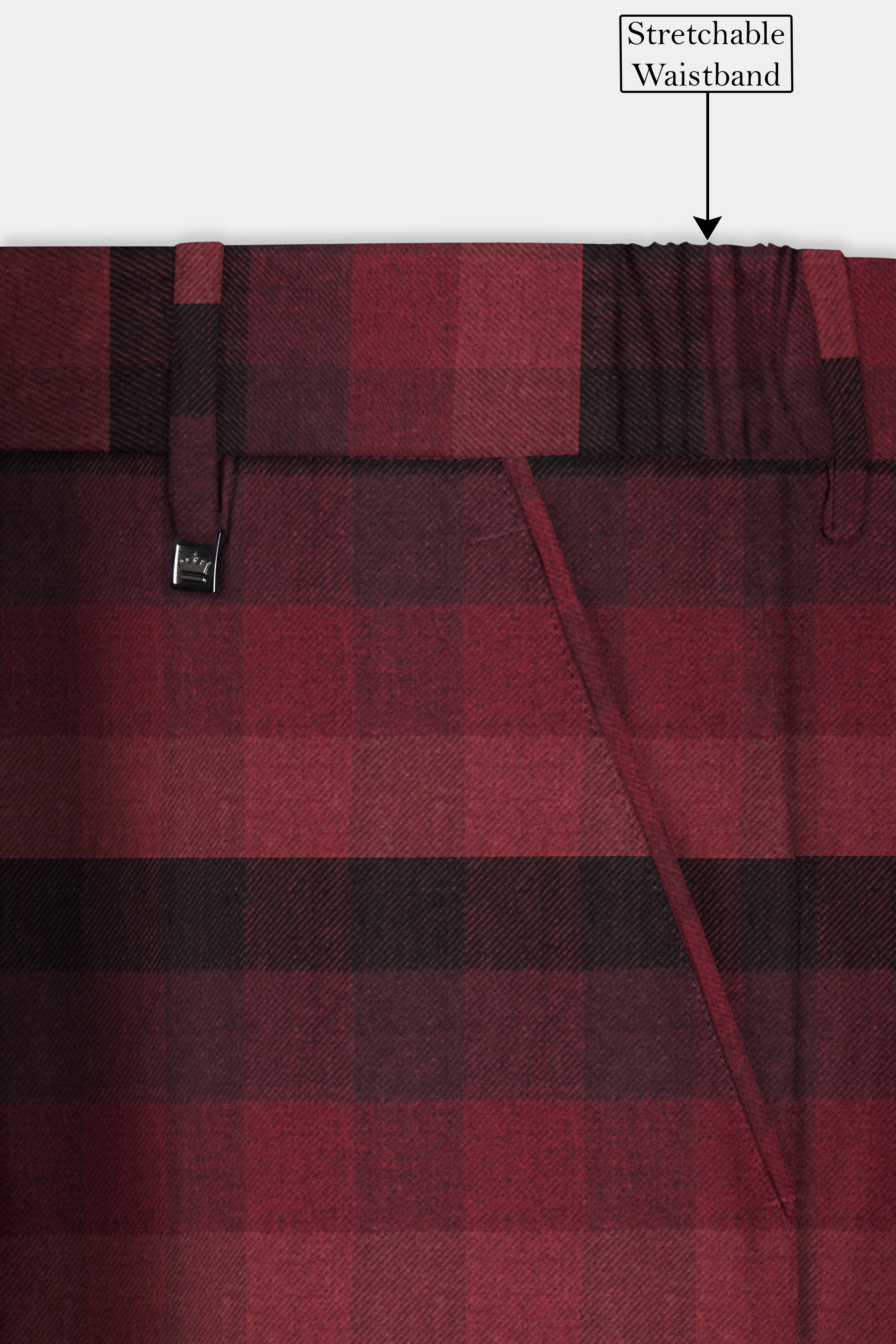 Obsidian-Wine Berry Red And Thunder Black Plaid Tweed Stretchable Waistband Pant