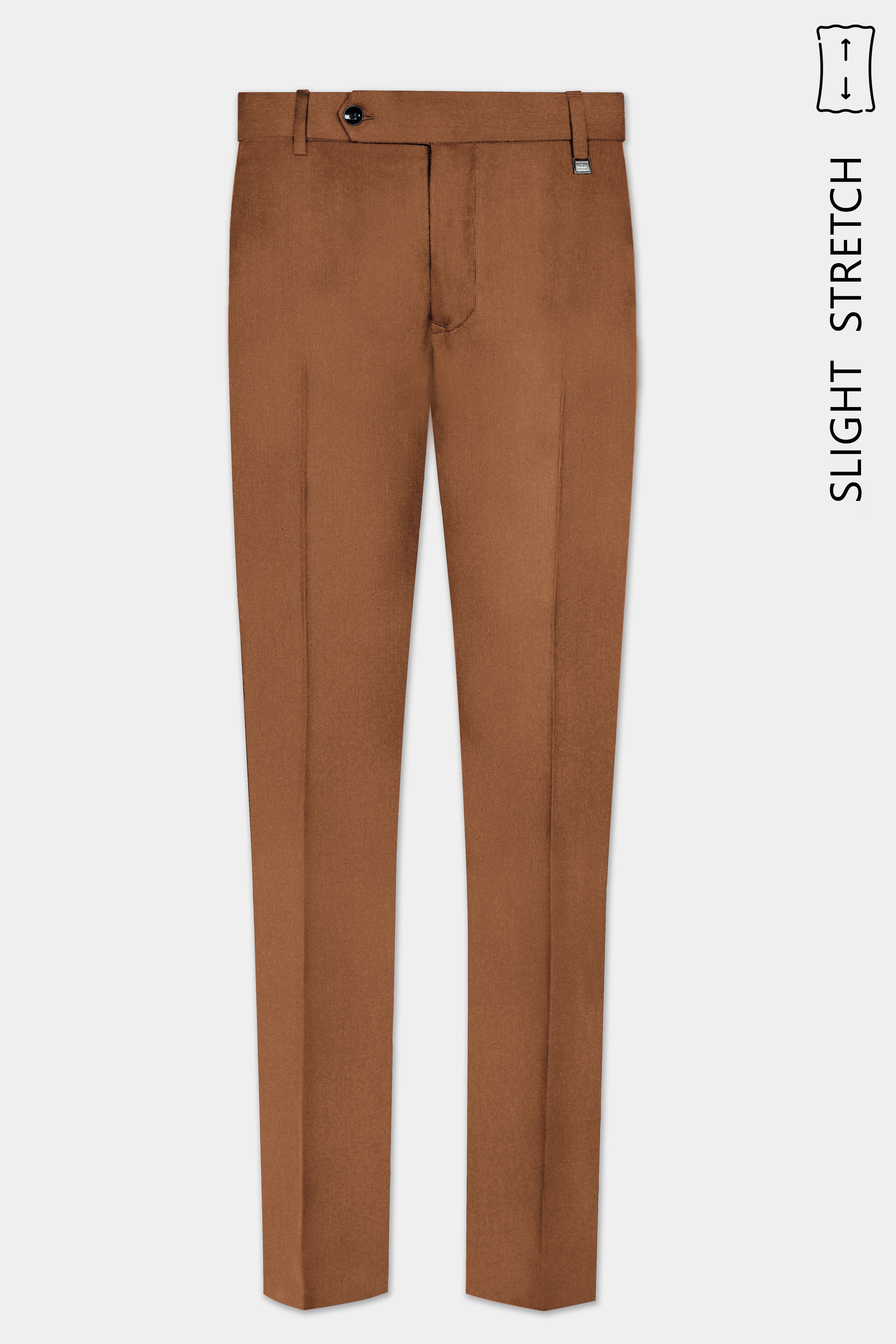 Cinnamon Oak-Sienna Brown Solid Wool Rich Slight Stretch Waistband Pant