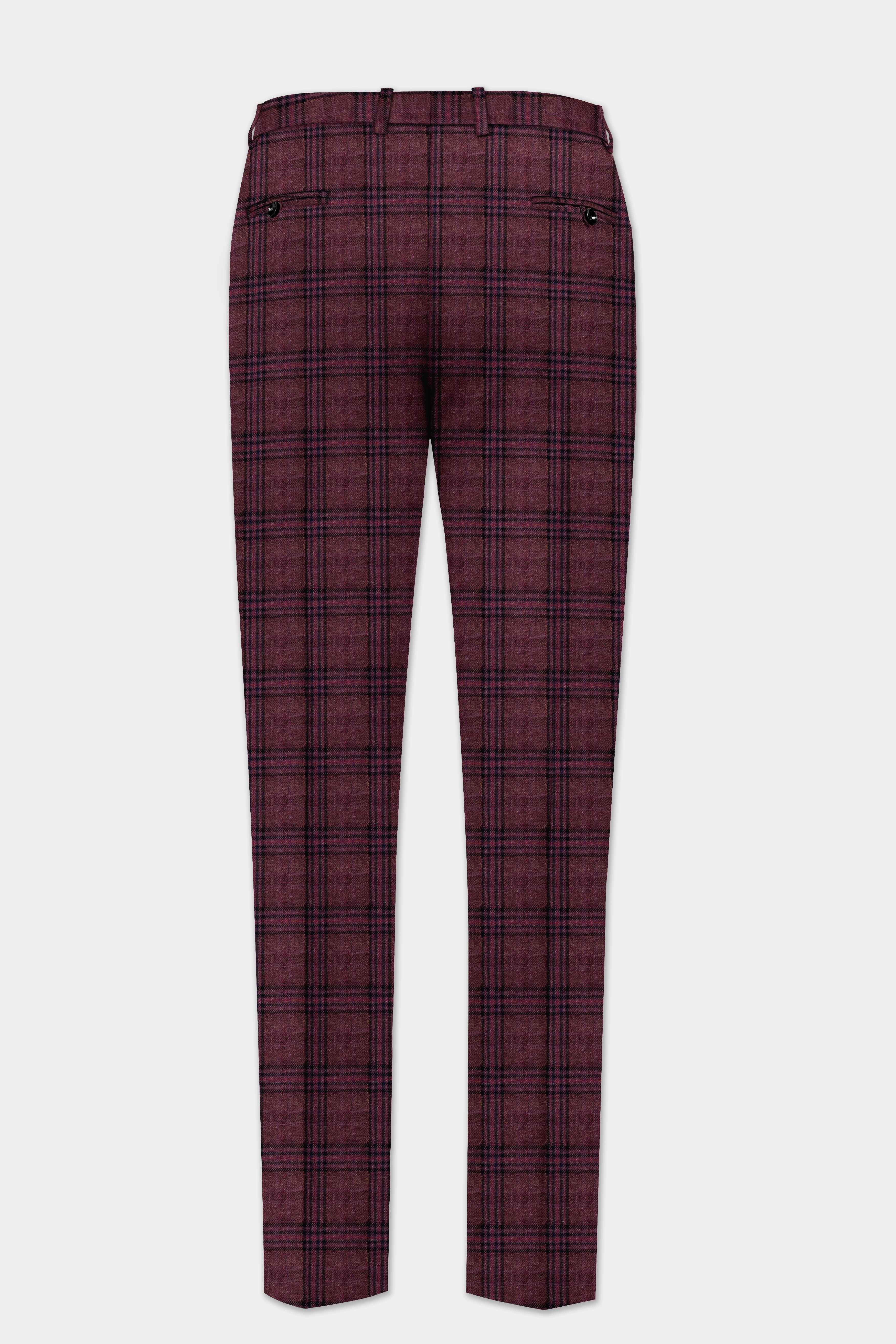 Berry Grid-Livid Maroon Plaid Tweed Stretchable Waistband Pant