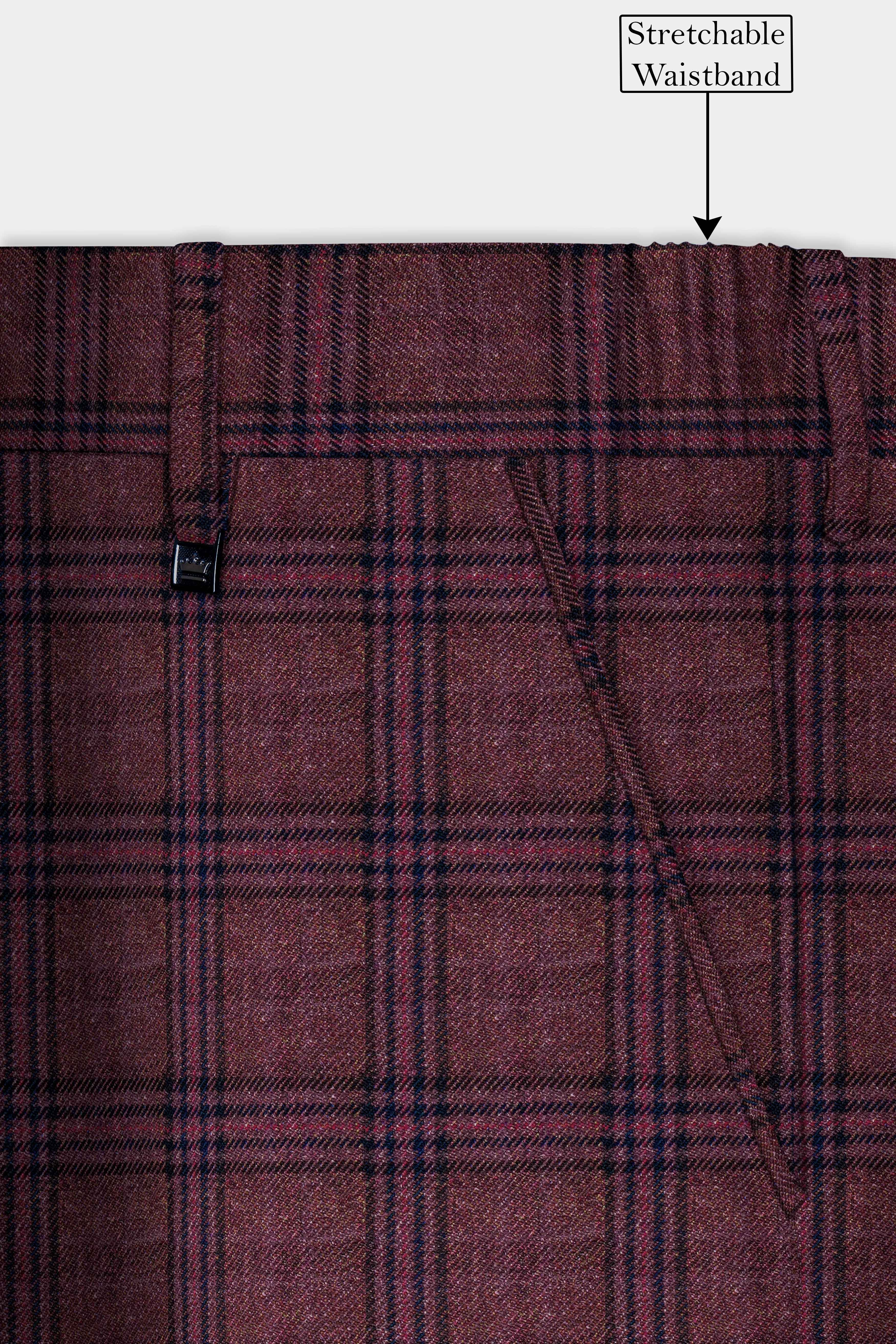 Berry Grid-Livid Maroon Plaid Tweed Stretchable Waistband Pant