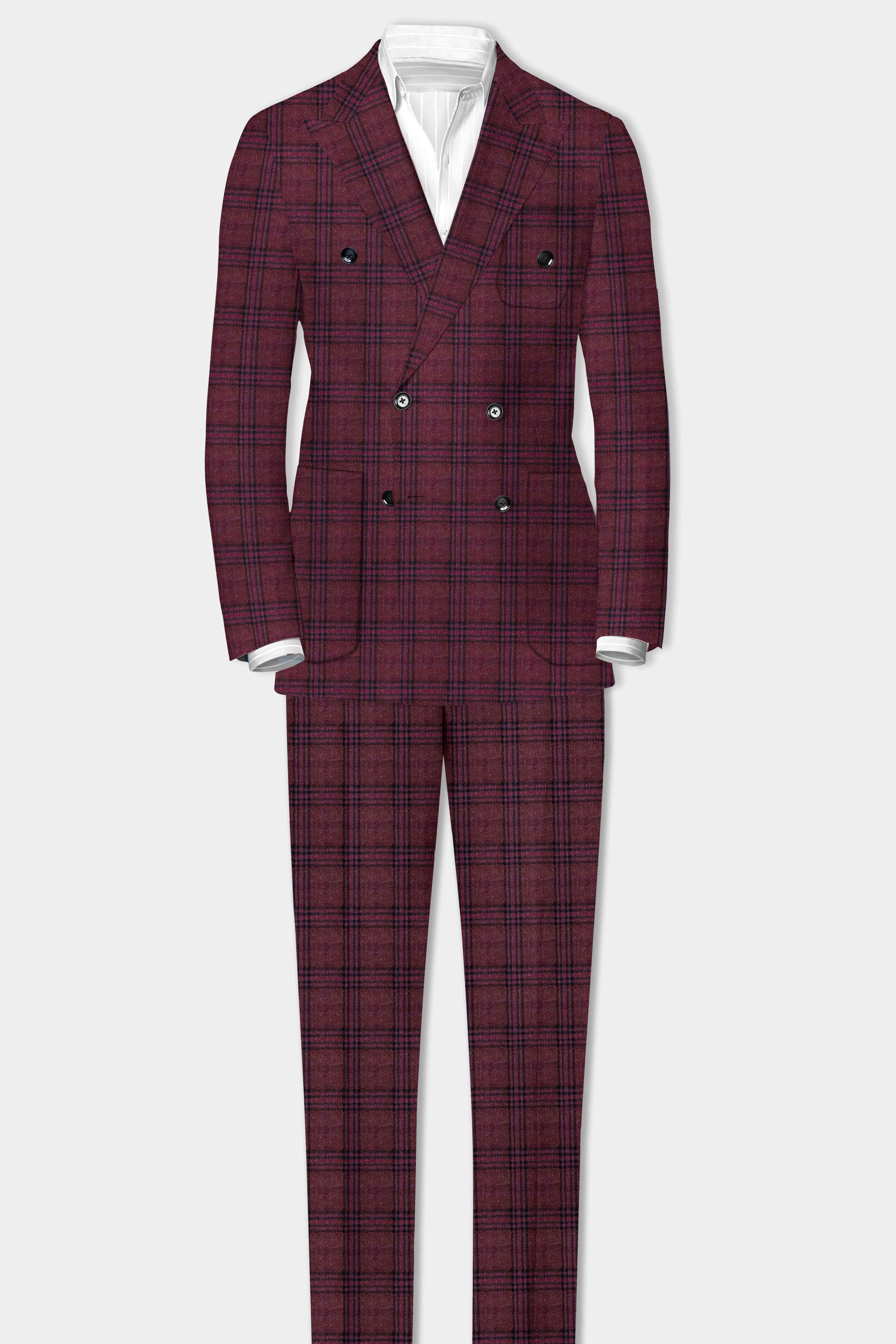 Berry Grid-Livid Maroon Plaid Tweed Stretchable Waistband Pant