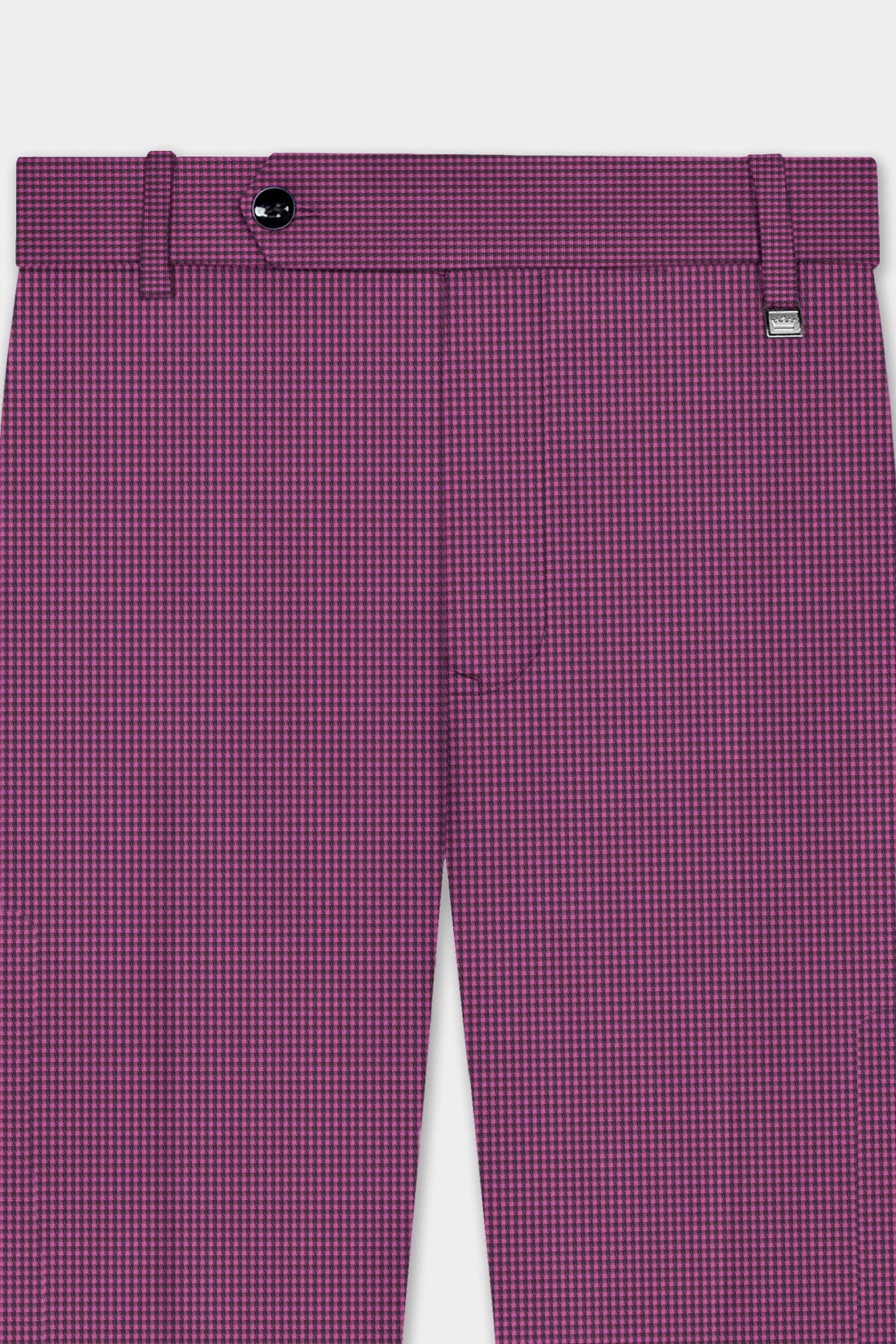 Orchid-Plum Pink Gingham Plaid Wool Rich Stretchable Waistband Pant