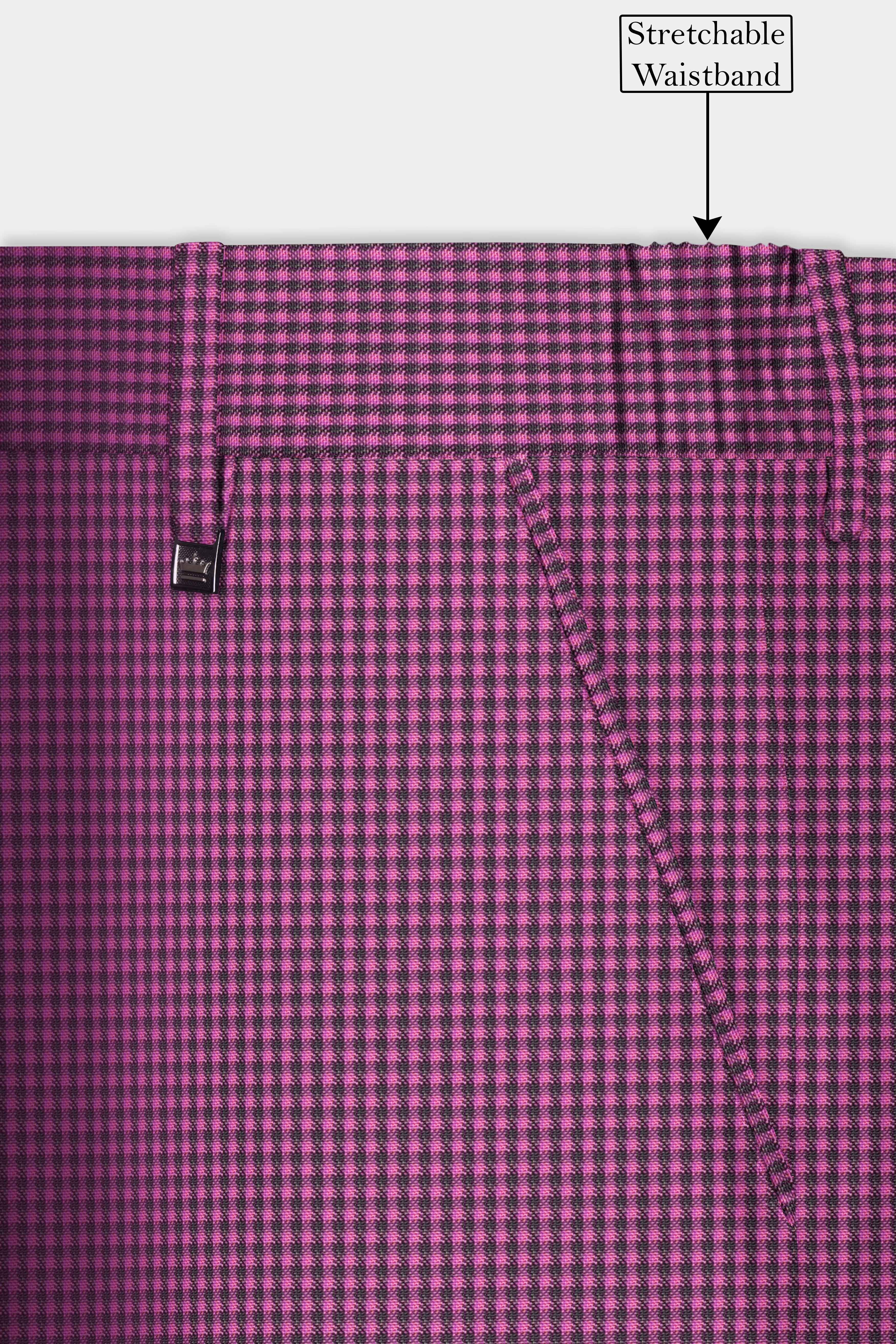 Orchid-Plum Pink Gingham Plaid Wool Rich Stretchable Waistband Pant