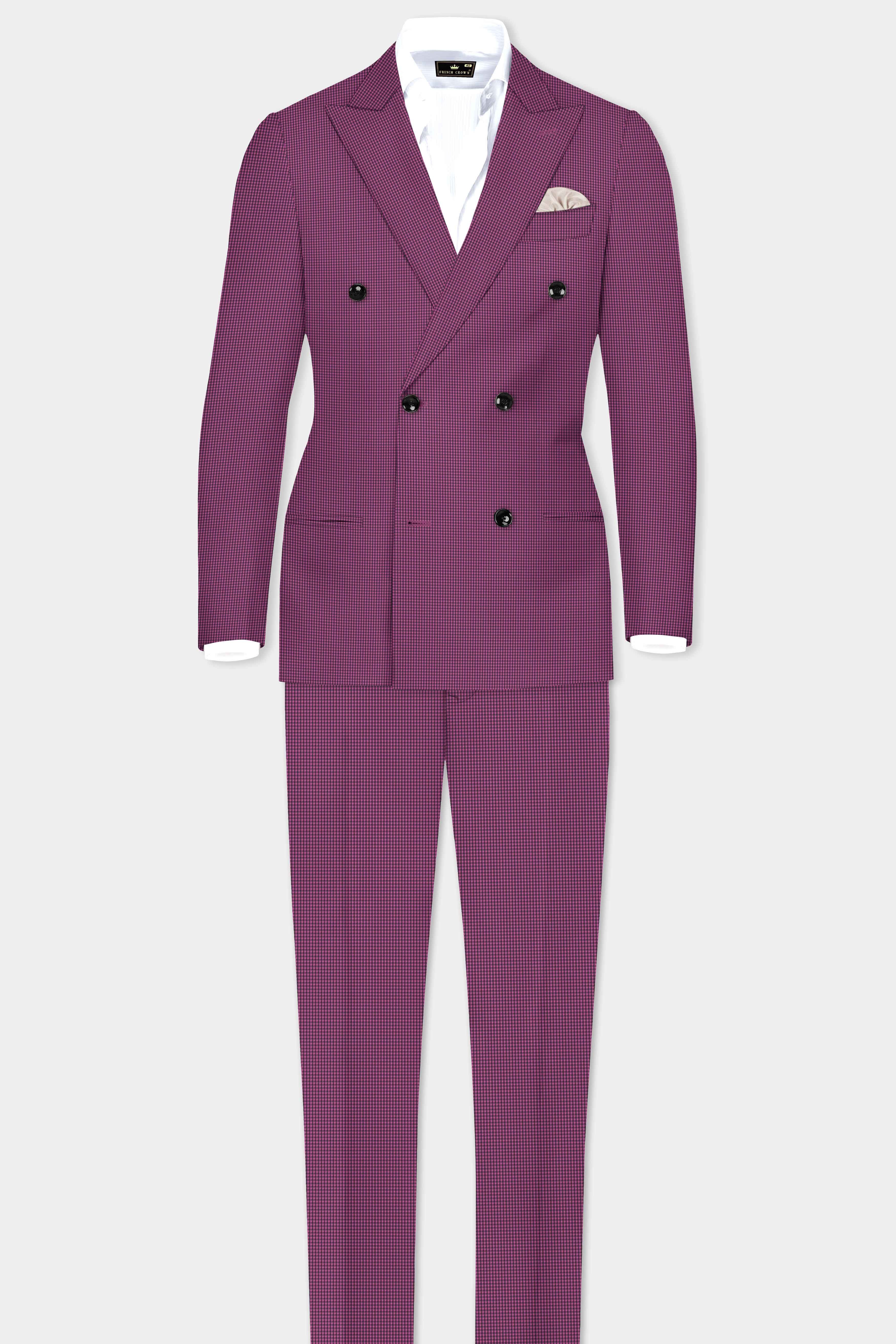 Orchid-Plum Pink Gingham Plaid Wool Rich Stretchable Waistband Pant