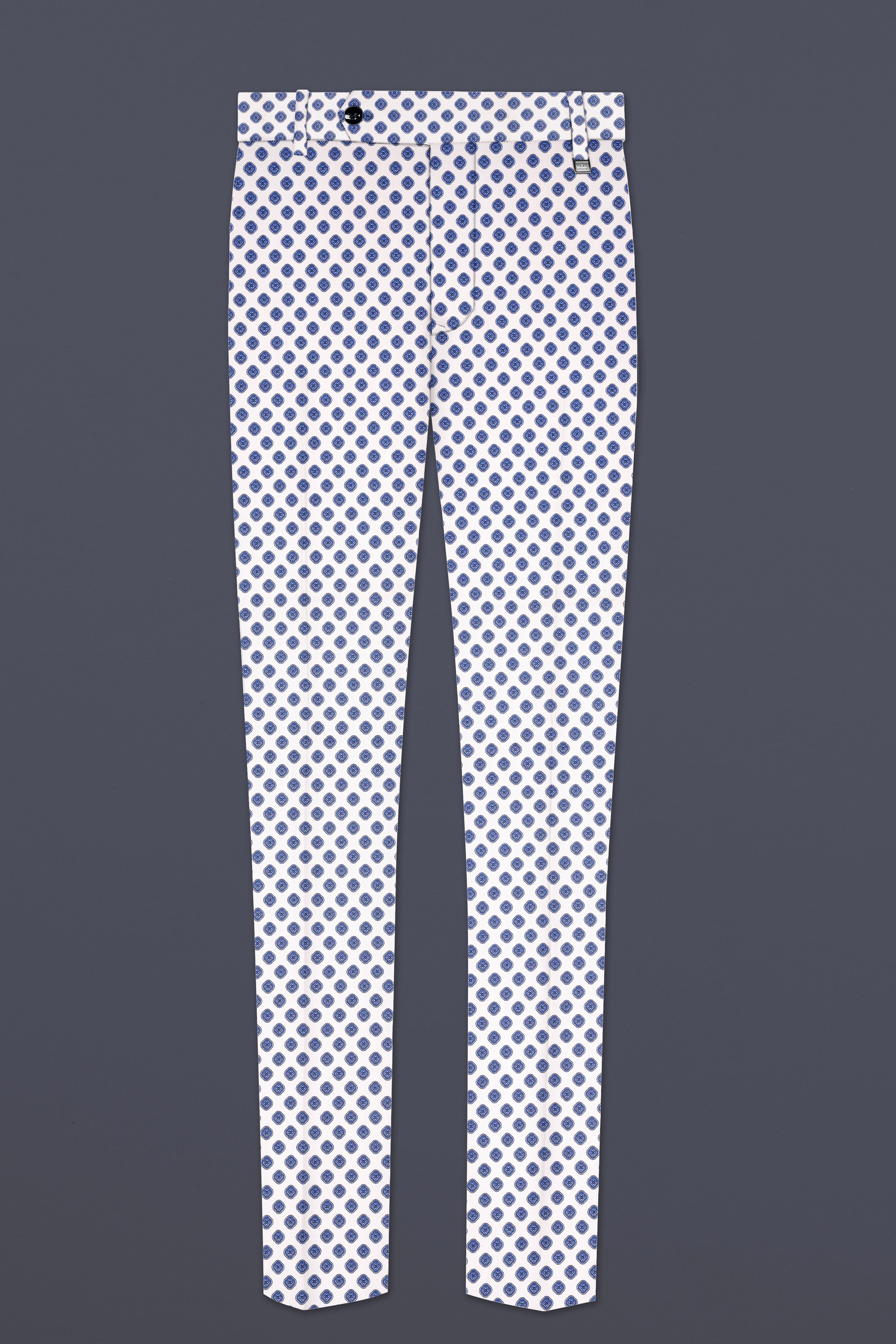 Ocean Echo-Bright White And Mariner Blue Retro Printed Cotton Stretchable Waistband Pant