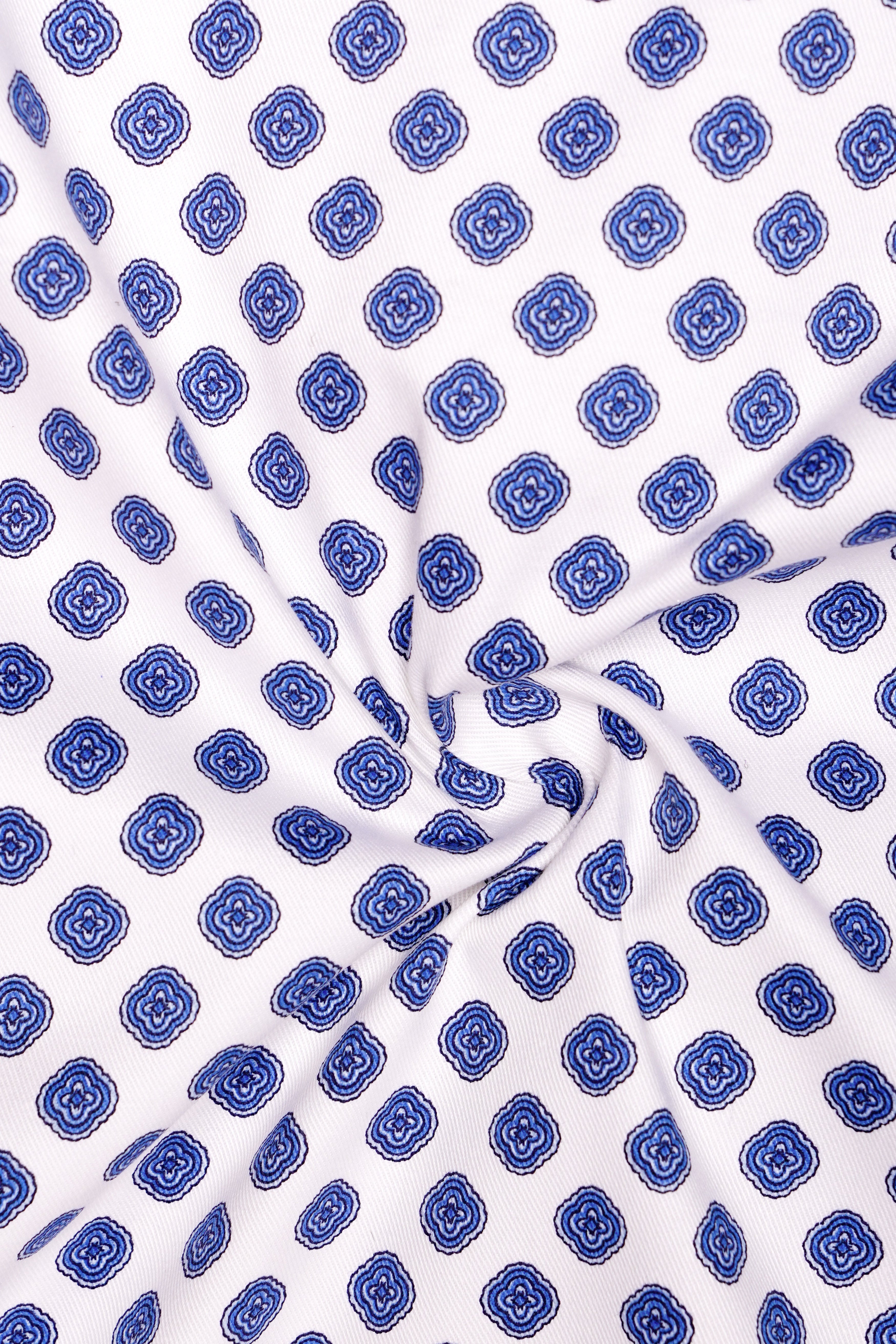 Ocean Echo-Bright White And Mariner Blue Retro Printed Cotton Stretchable Waistband Pant