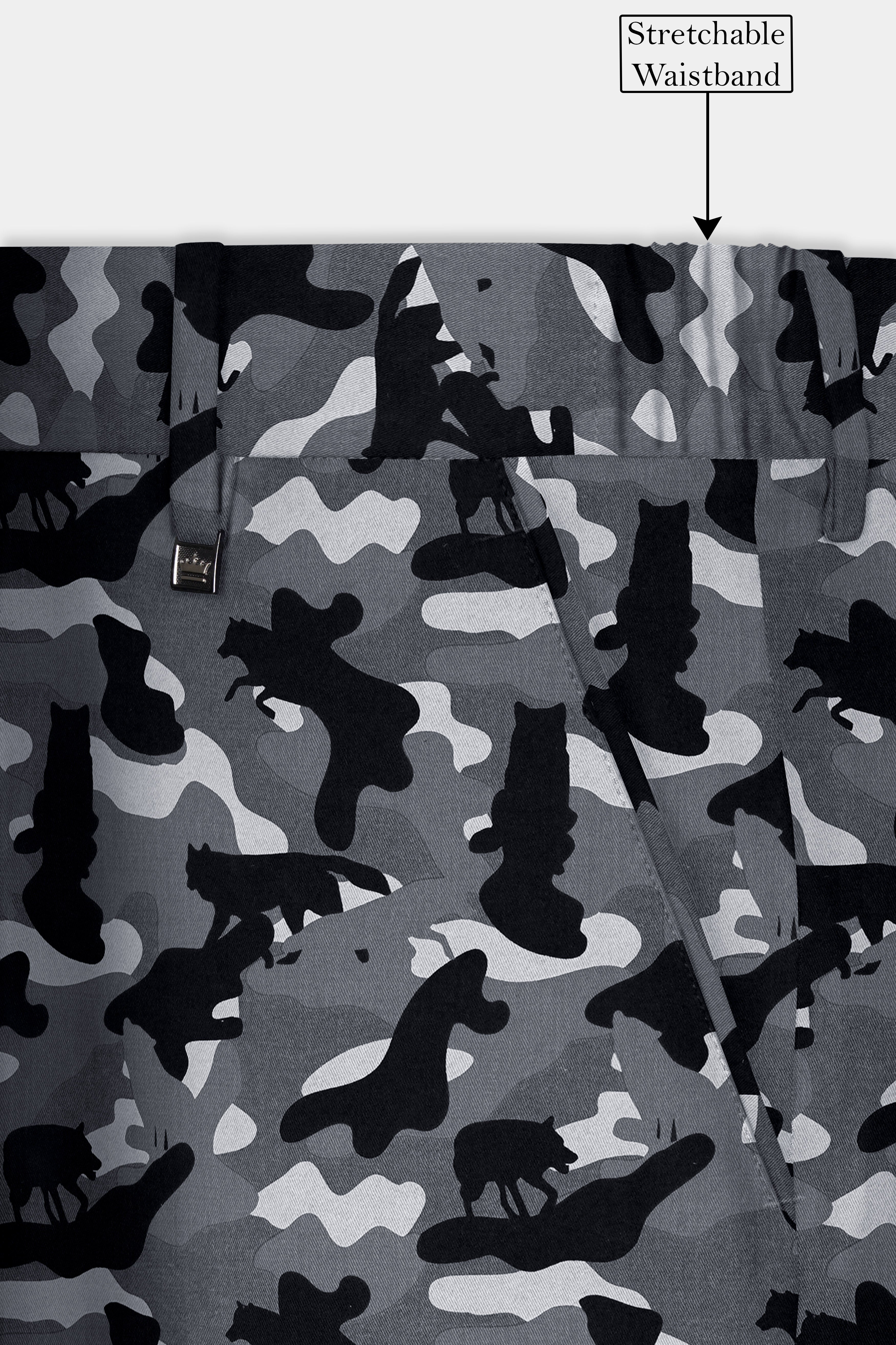 Carbon Gray And Cinder Black Camouflage Printed Cotton Stretchable Waistband Pant