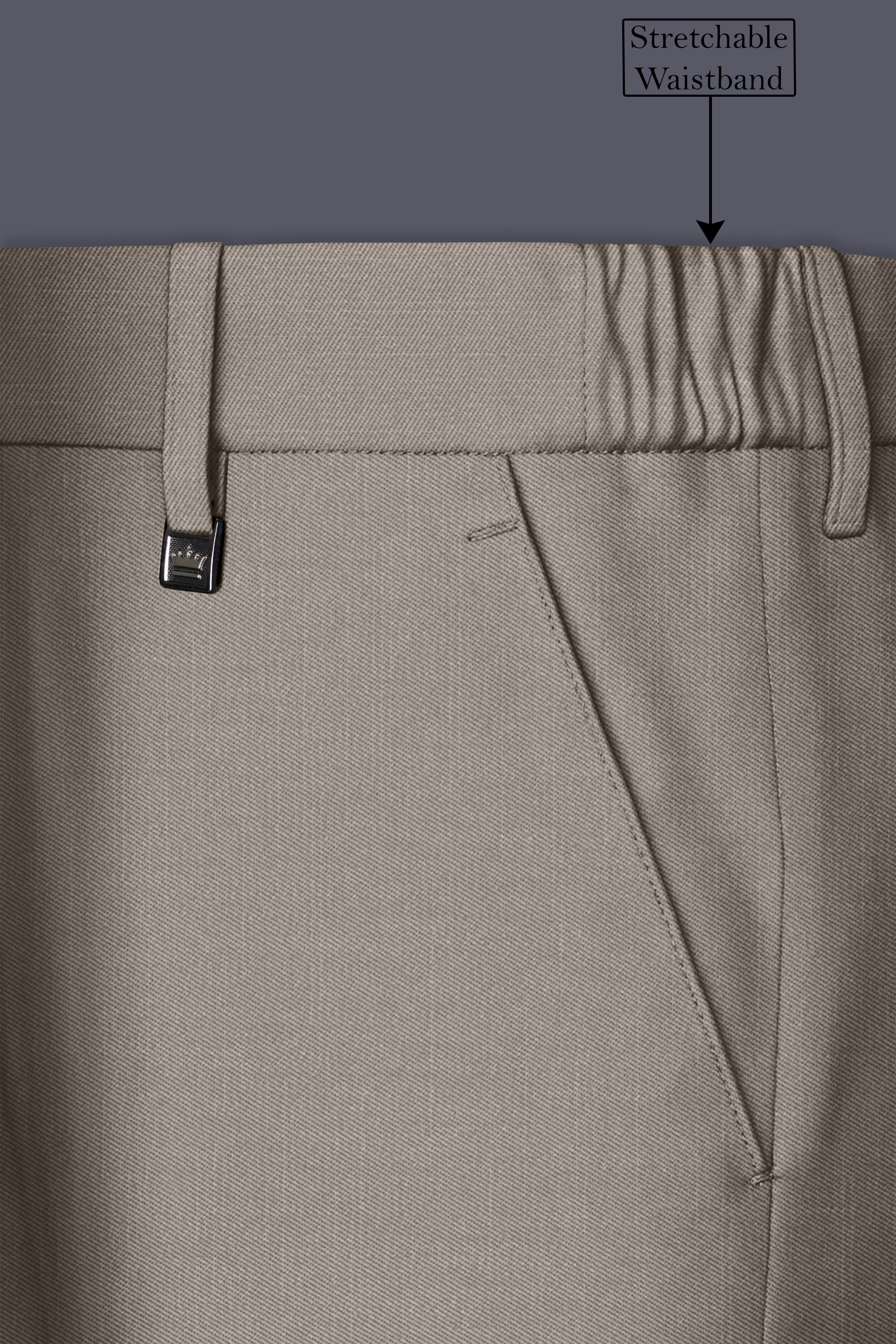 Amour-Dusty Brown Solid Wool Rich Slight Stretch Waistband Pant