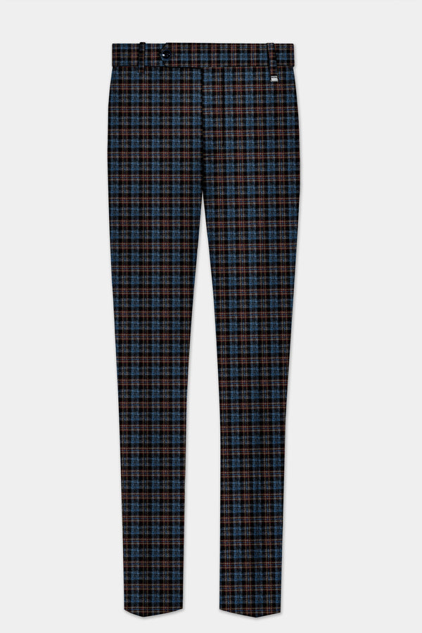 Asphalt Blue Plaid Wool Rich Stretchable Waistband Pant