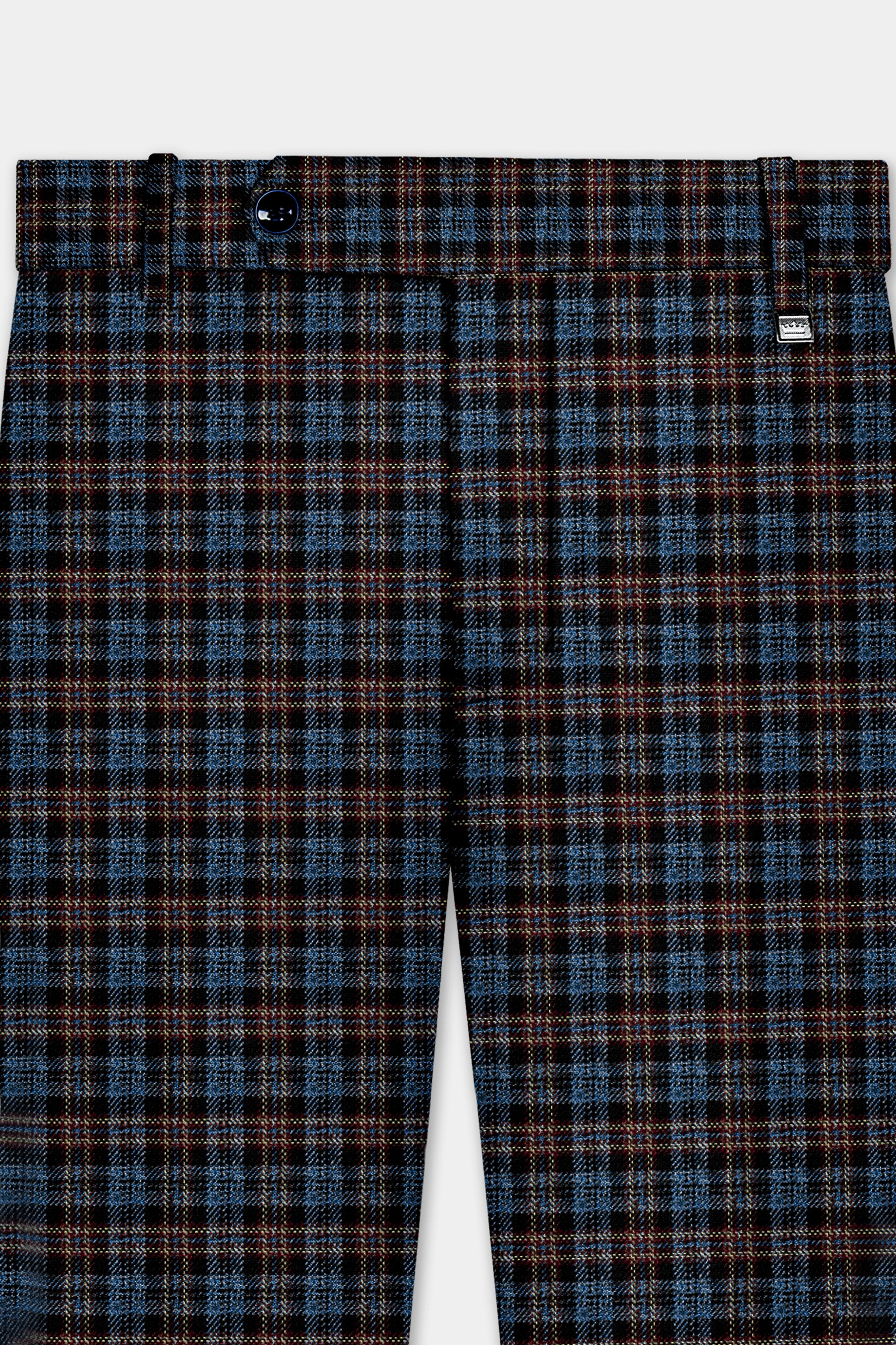Asphalt Blue Plaid Wool Rich Stretchable Waistband Pant