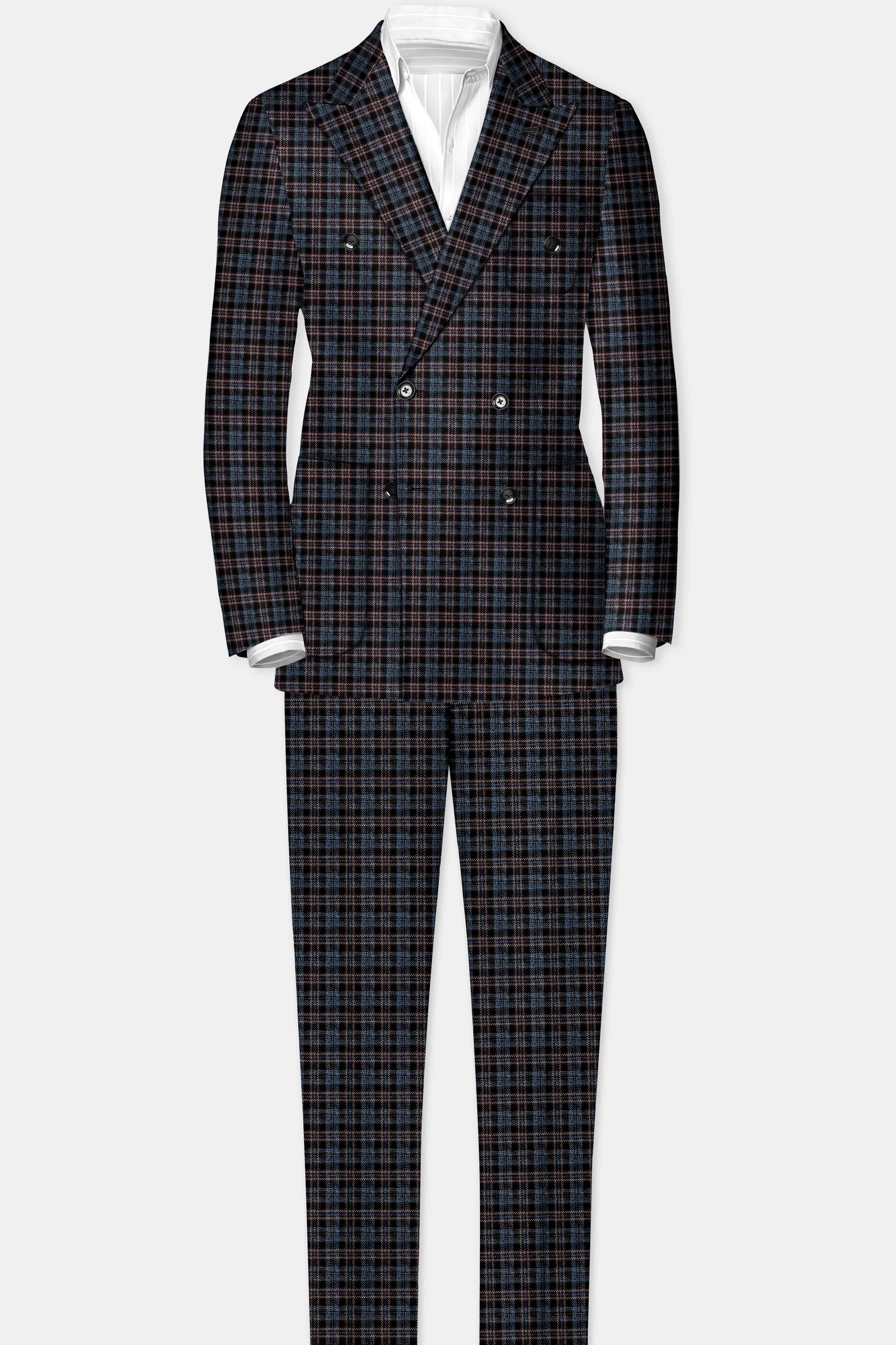 Asphalt Blue Plaid Wool Rich Stretchable Waistband Pant