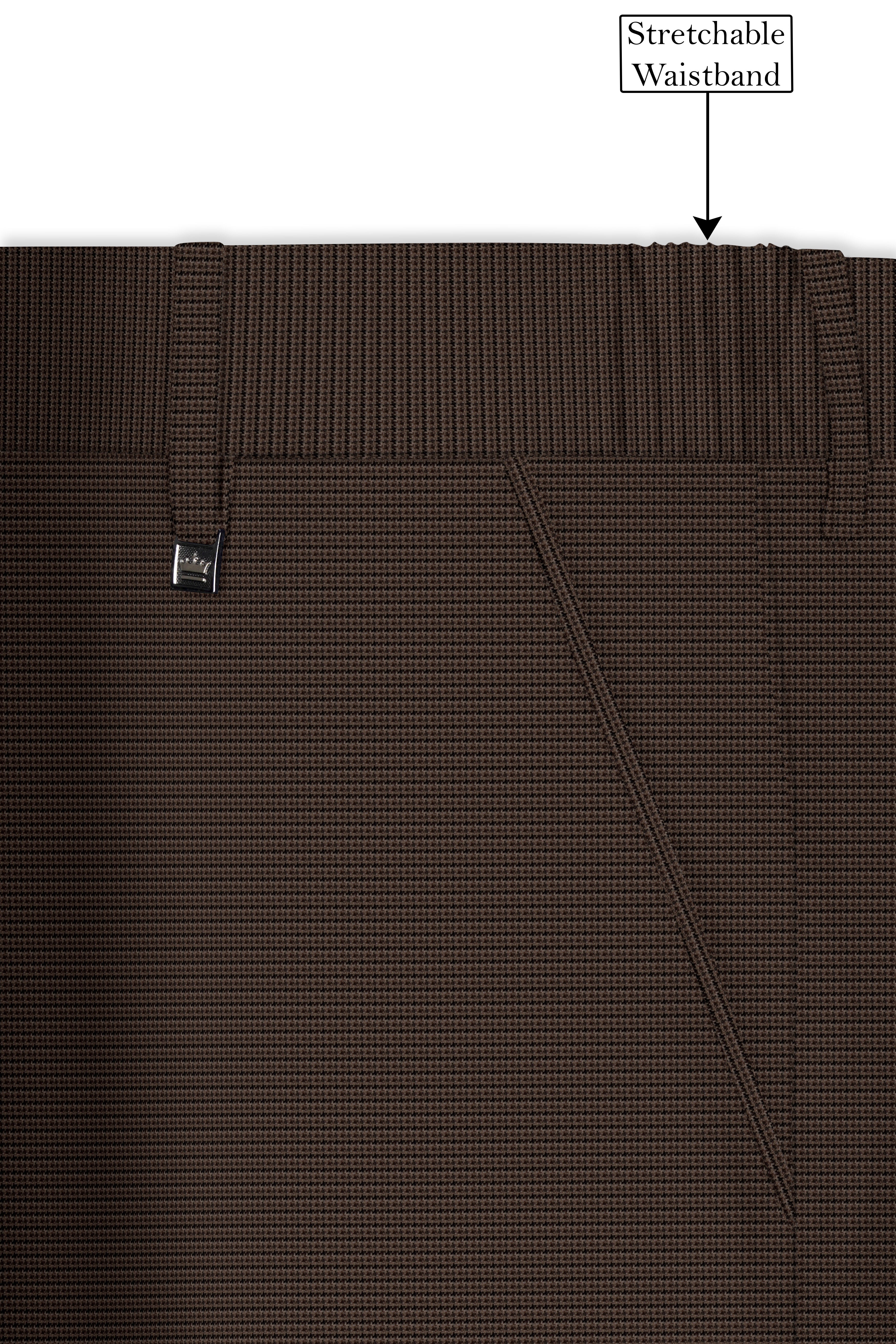 Brunwick-Cocoa Brown houndstooth Textured Wool Rich Stretchable Waistband Pant