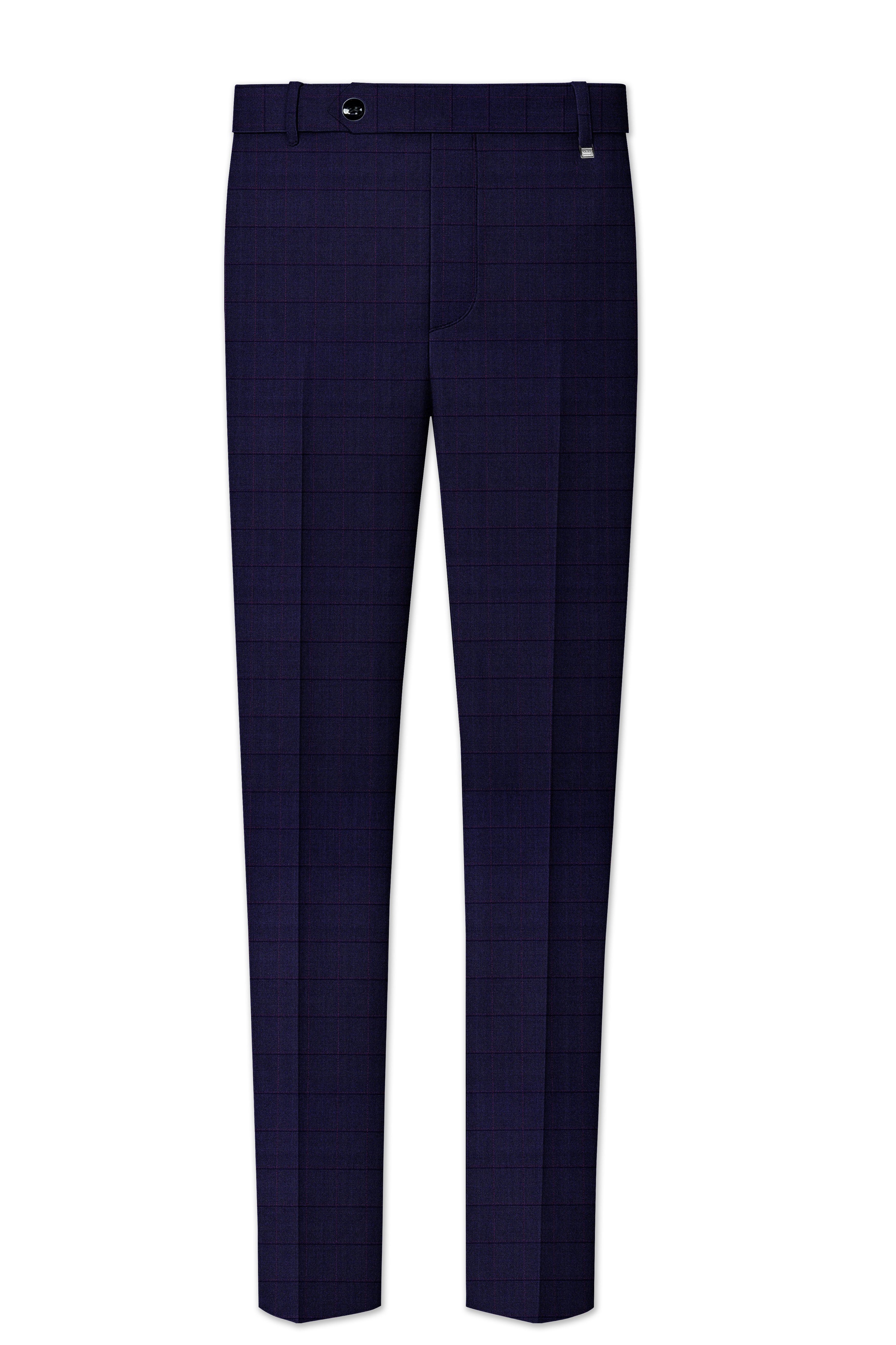 Azurane-Ebony Blue Windowpane Wool Rich Stretchable Waistband Pant