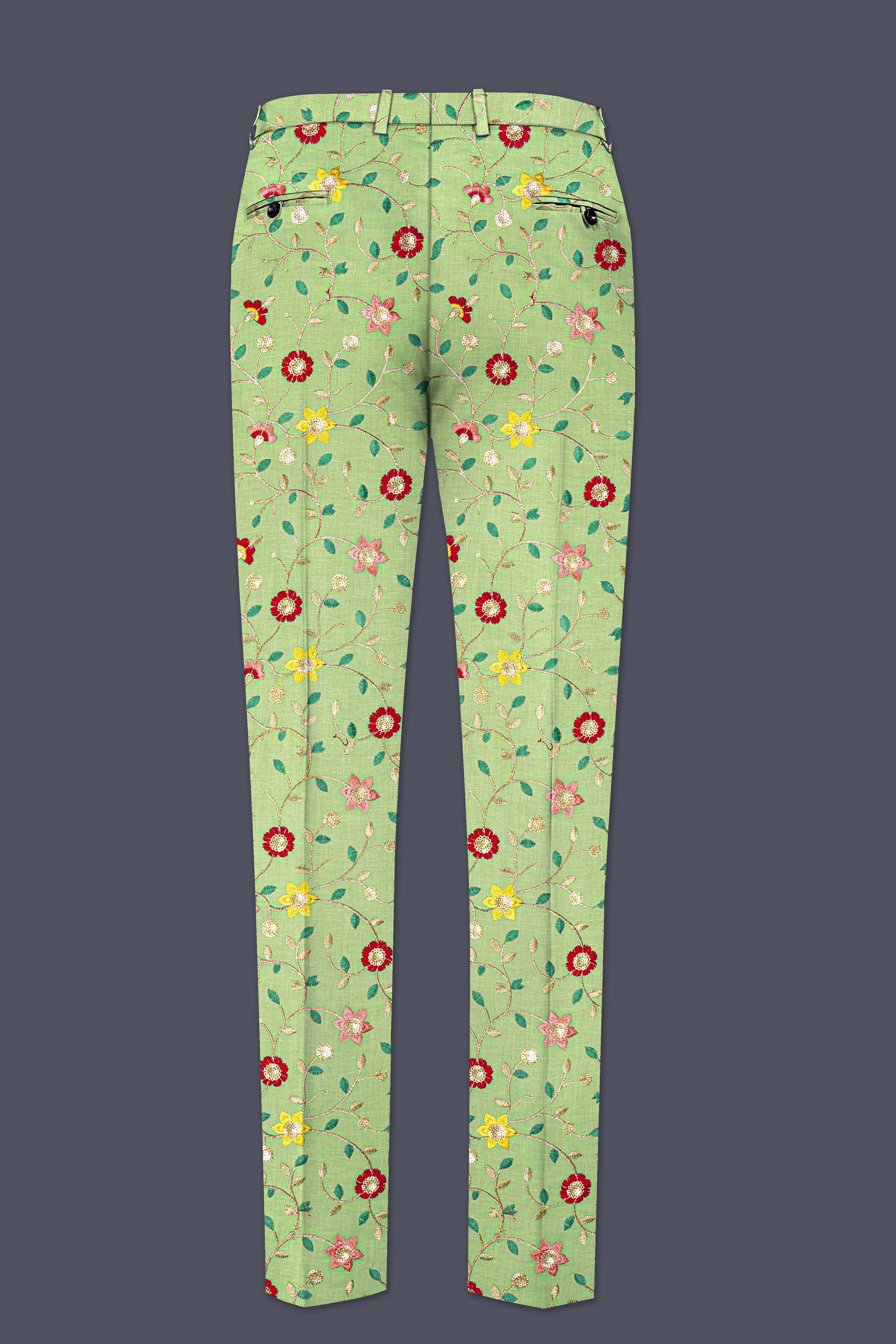 Verdoria-Hampton Green and Beryl Red Floral Multicolour Cotton Thread Embroidered Designer Stretchable Waistband Pant