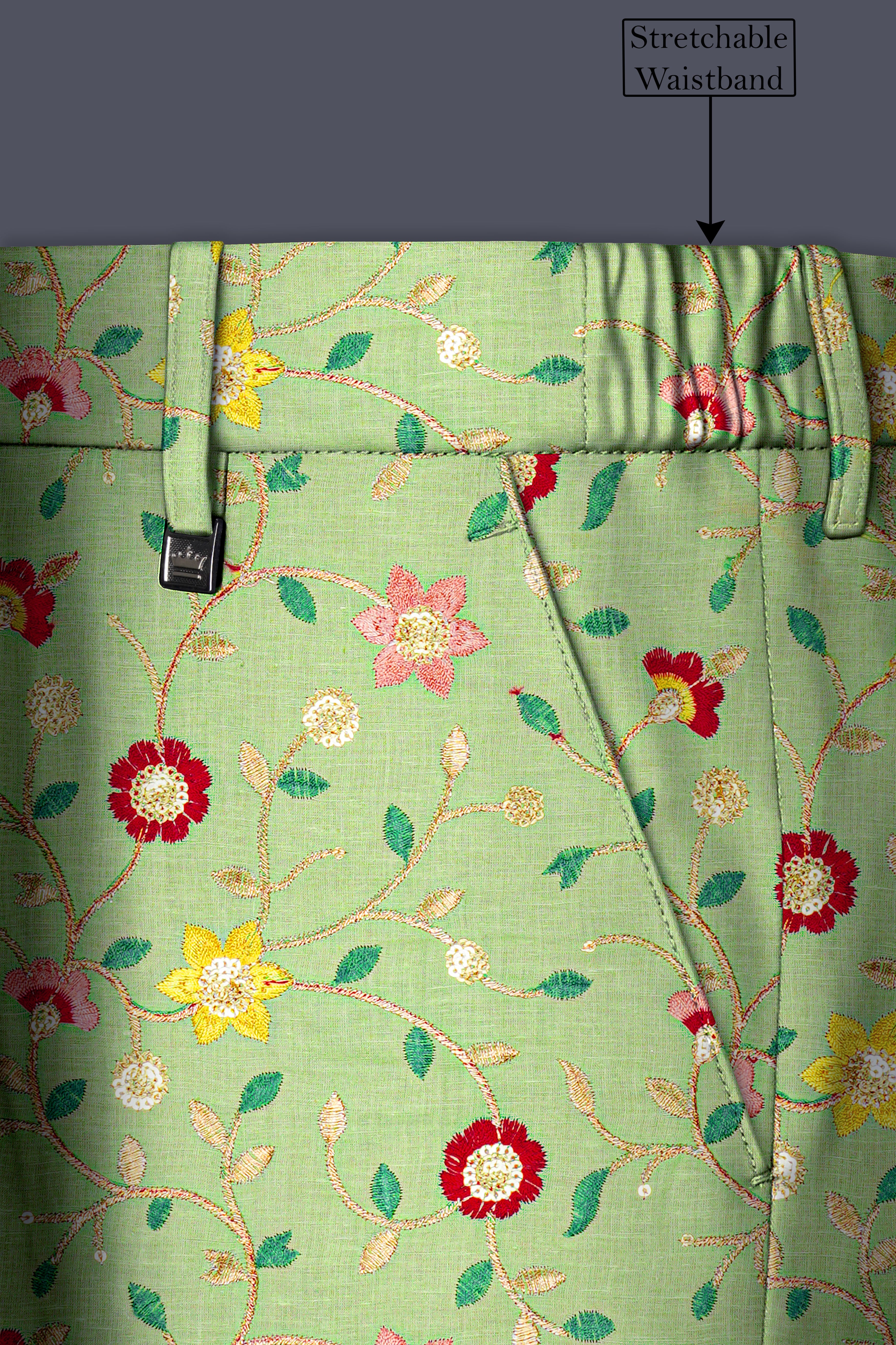 Verdoria-Hampton Green and Beryl Red Floral Multicolour Cotton Thread Embroidered Designer Stretchable Waistband Pant
