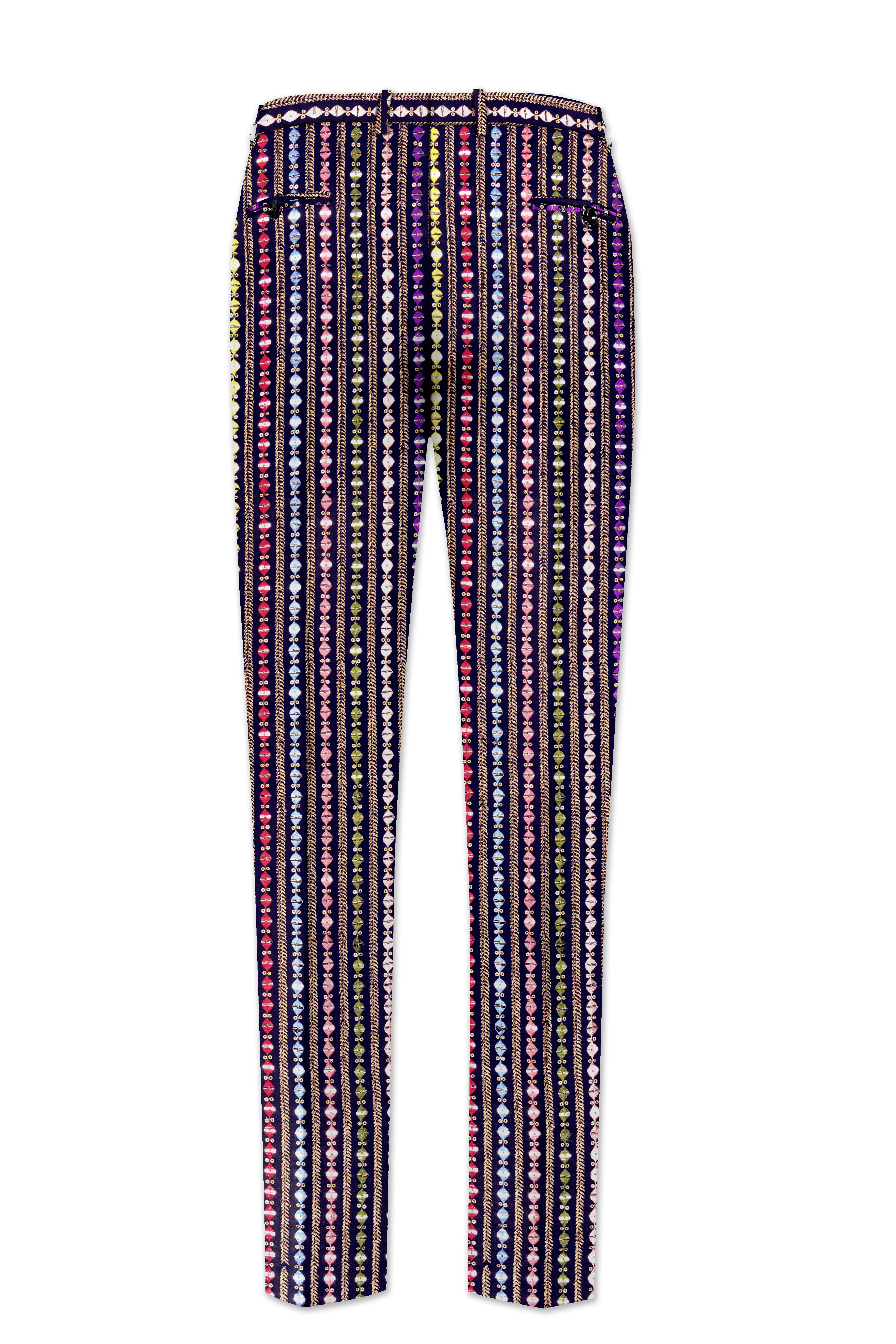 Lumivon-Ebony Blue and Cerise Pink Vertical Thread and Sequin Embroidered Designer Stretchable Waistband Pant