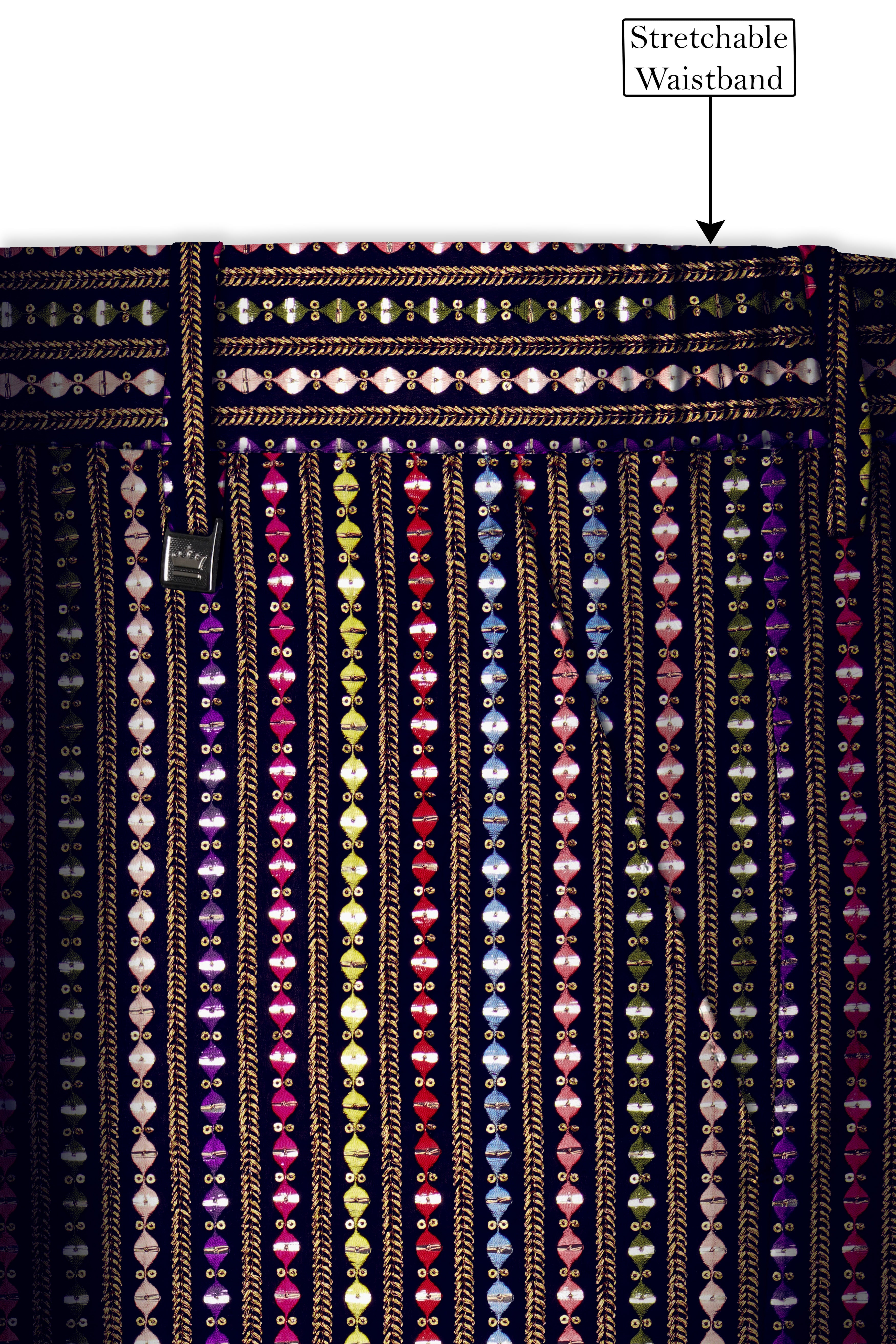 Lumivon-Ebony Blue and Cerise Pink Vertical Thread and Sequin Embroidered Designer Stretchable Waistband Pant