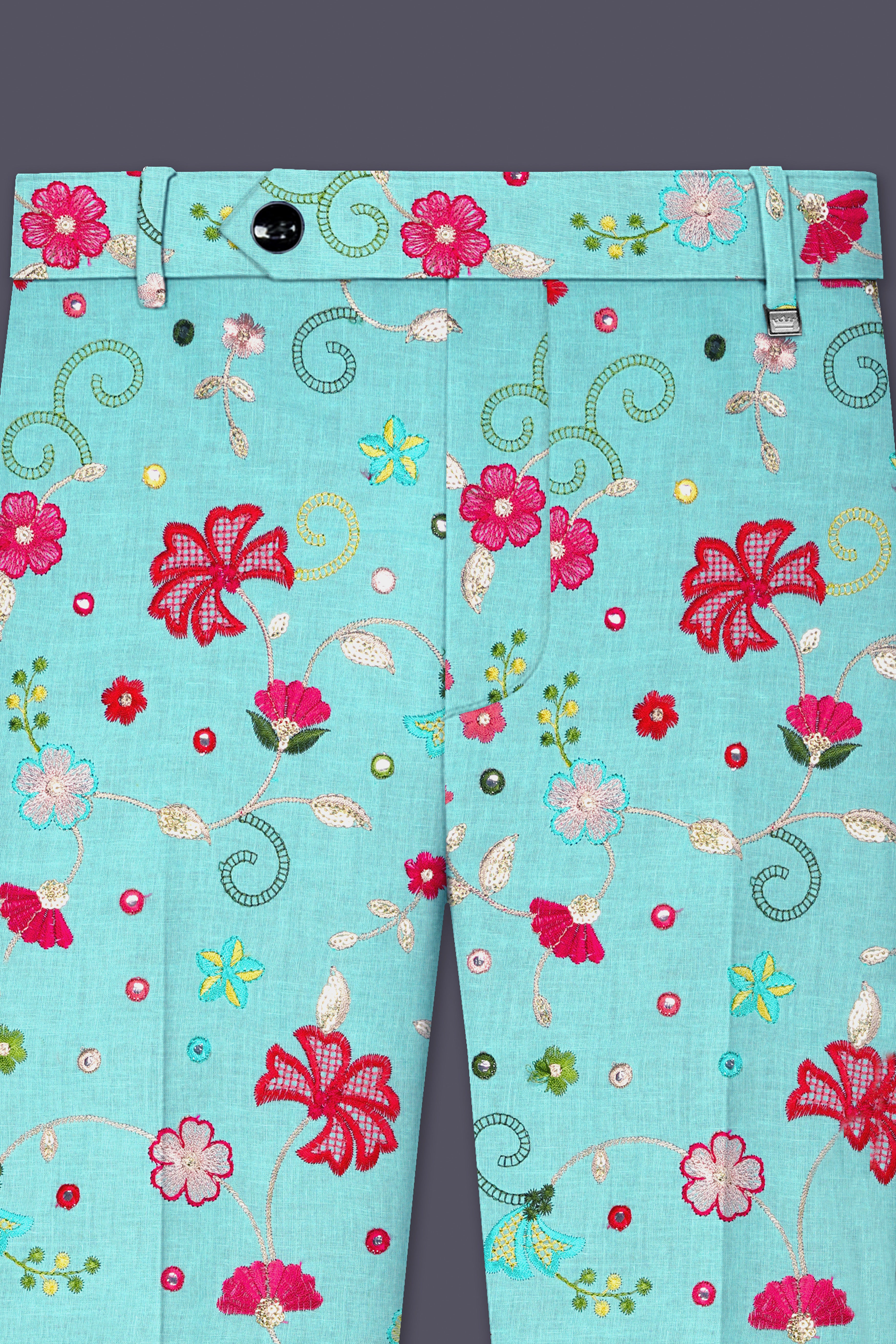Rosavon-Cyan Blue and Charm Pink Floral Cotton Thread Embroidered Designer Stretchable Waistband Pant