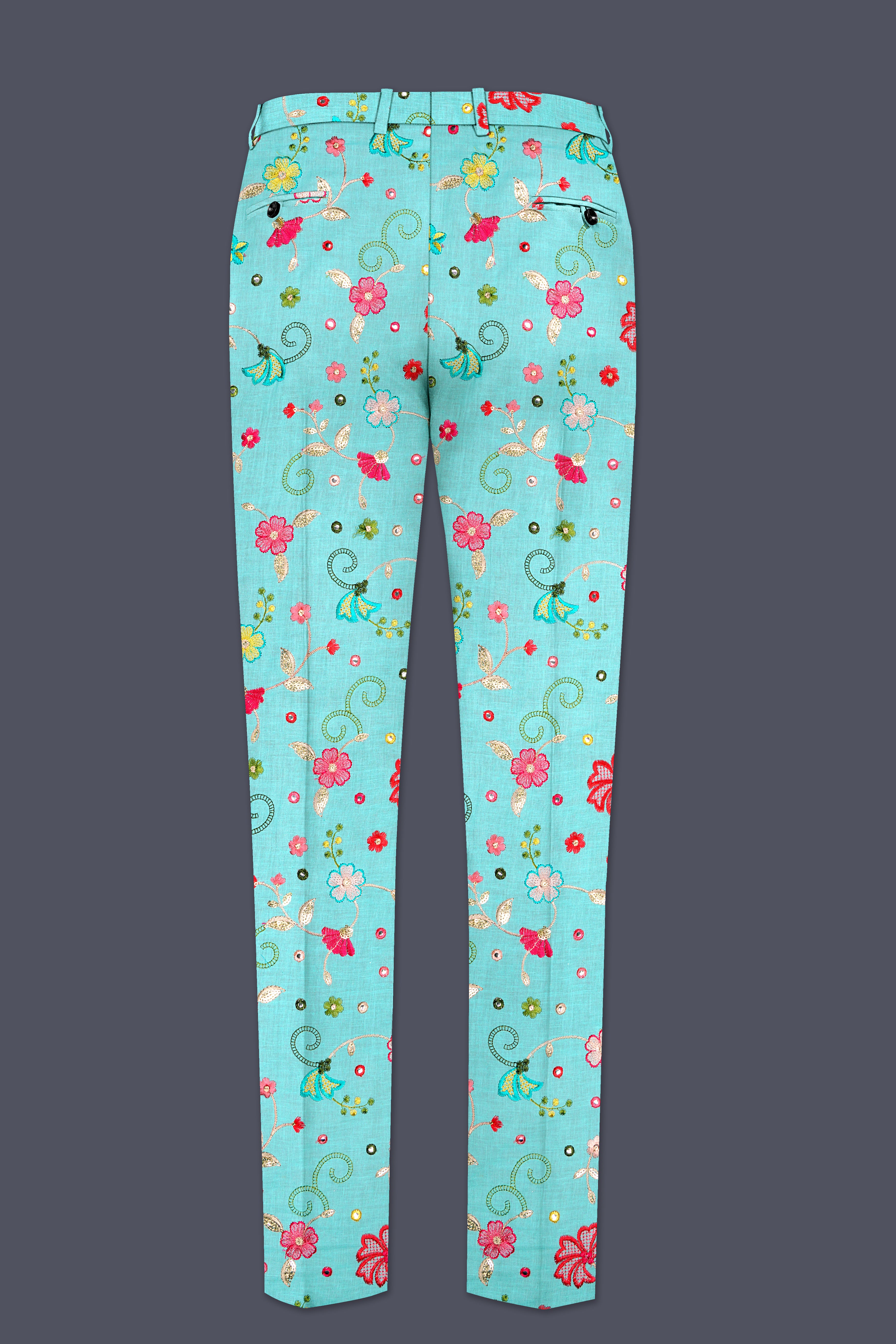 Rosavon-Cyan Blue and Charm Pink Floral Cotton Thread Embroidered Designer Stretchable Waistband Pant