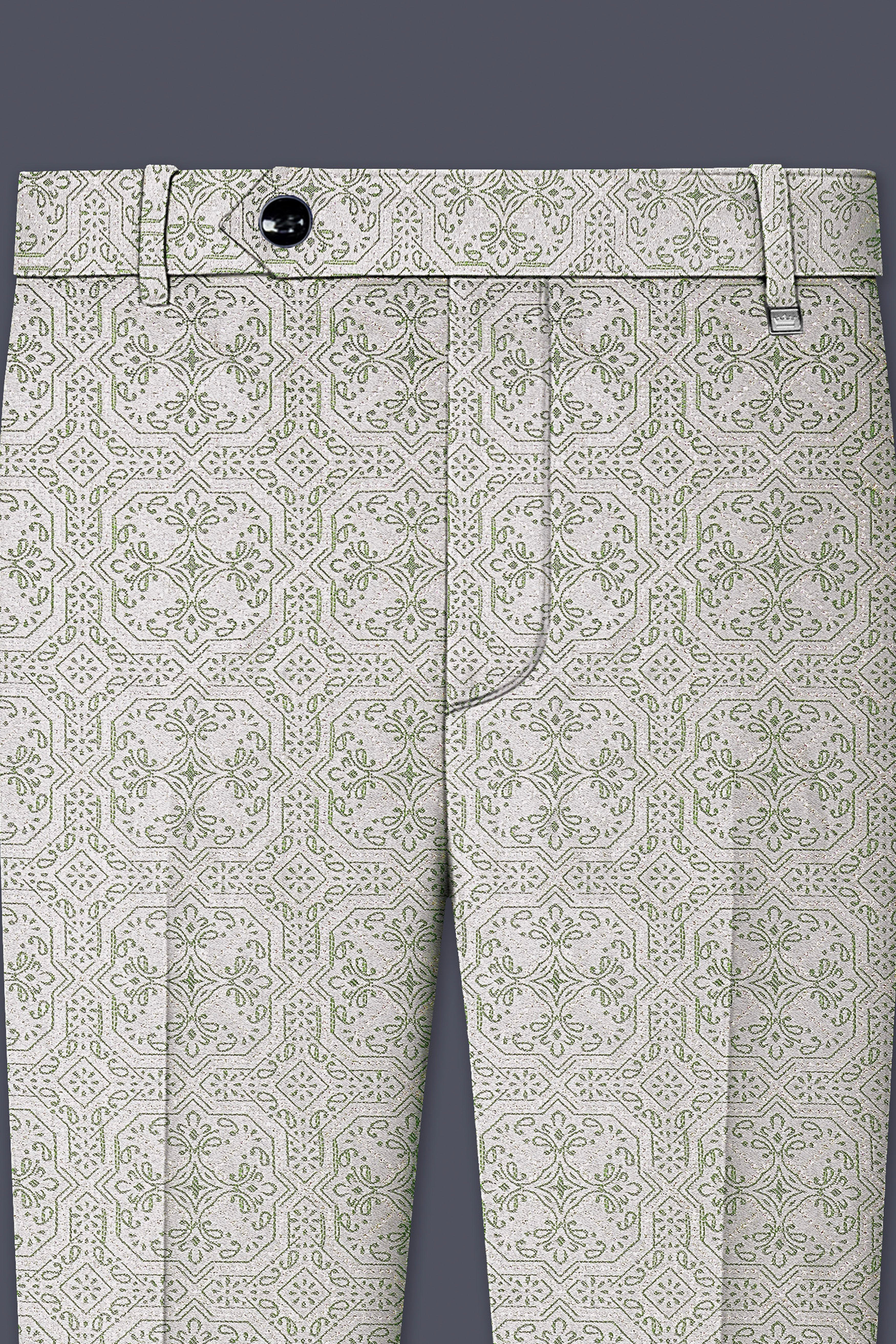 Gravino-Gainsboro Gray and Sage Green Geometric Jacquard Textured Designer Stretchable Waistband Pant