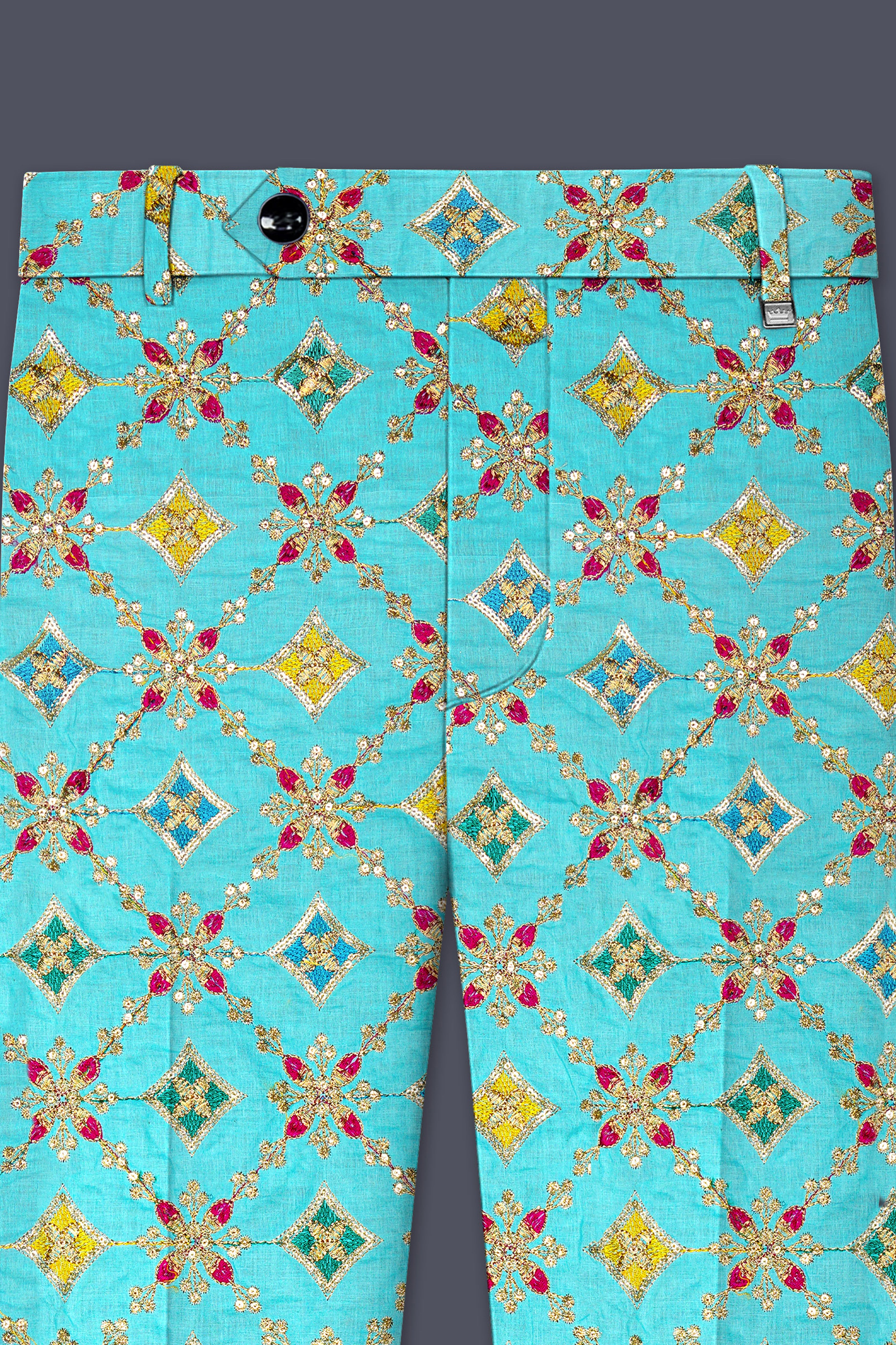 Floravio-Cyan Blue and Charm Pink Geometric Cotton Thread Embroidered Designer Stretchable Waistband Pant