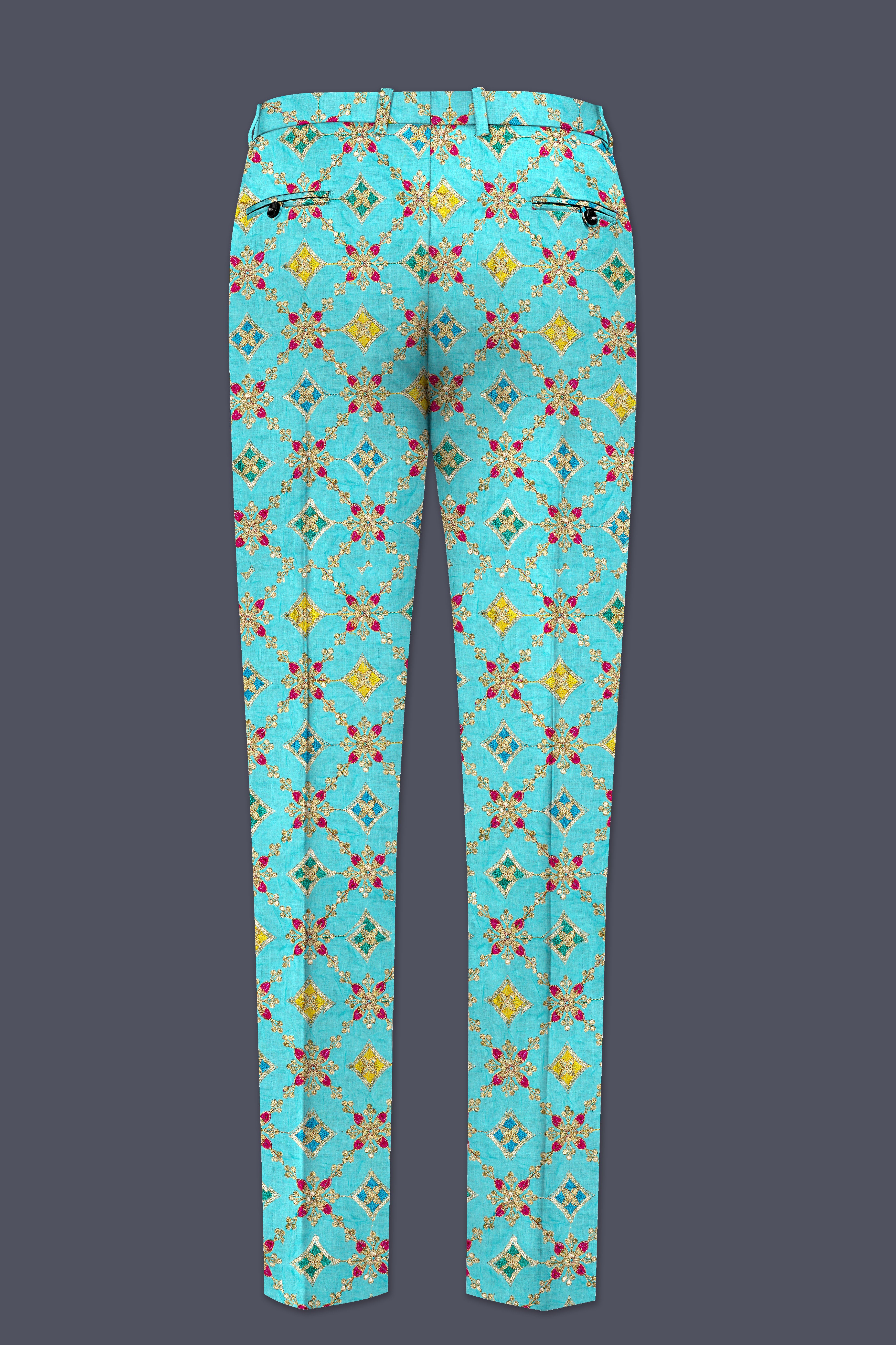 Floravio-Cyan Blue and Charm Pink Geometric Cotton Thread Embroidered Designer Stretchable Waistband Pant