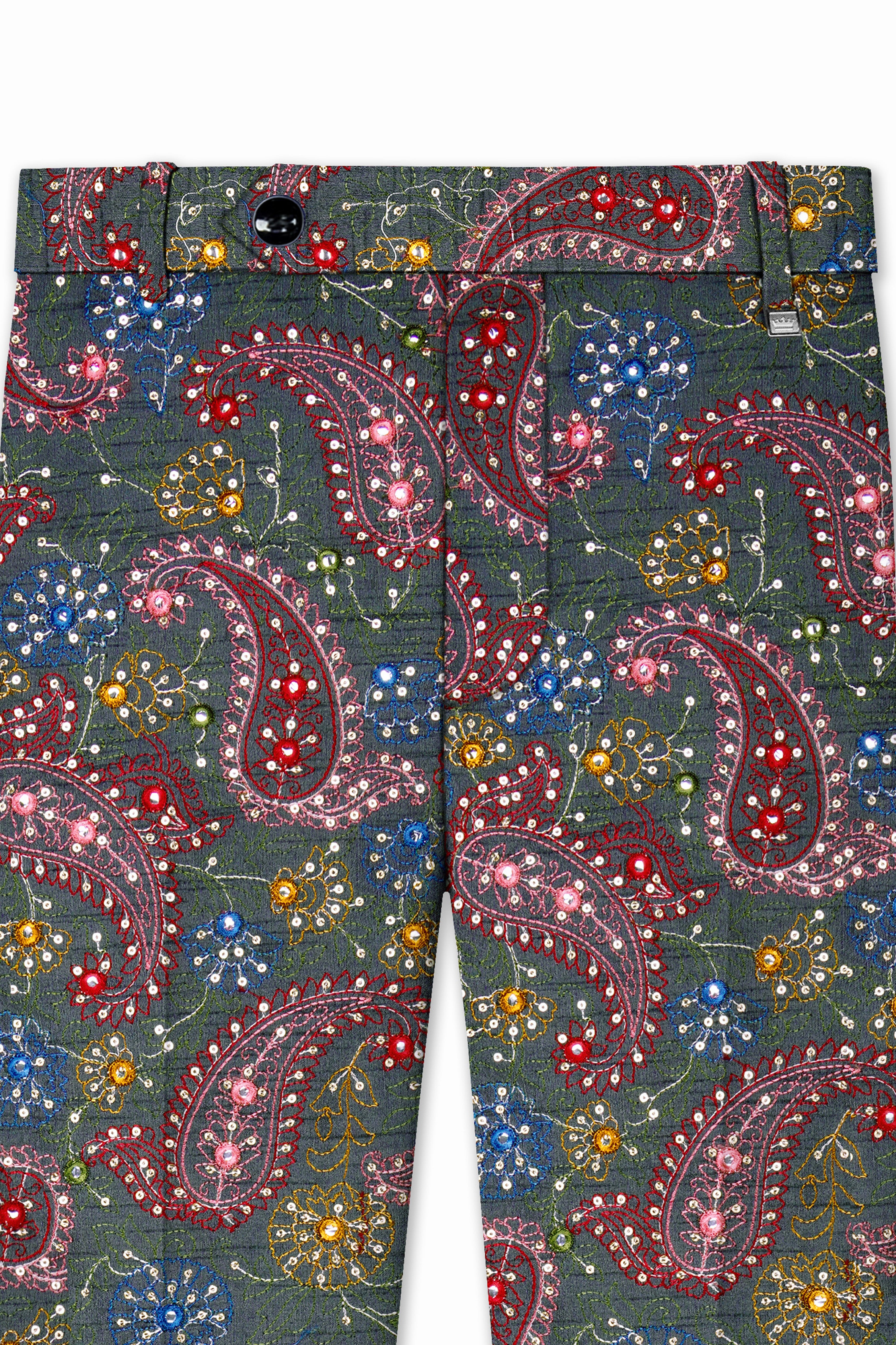 Paisora-Nickel Gray and Brink Pink Paisley Cotton Thread Embroidered Designer Stretchable Waistband Pant