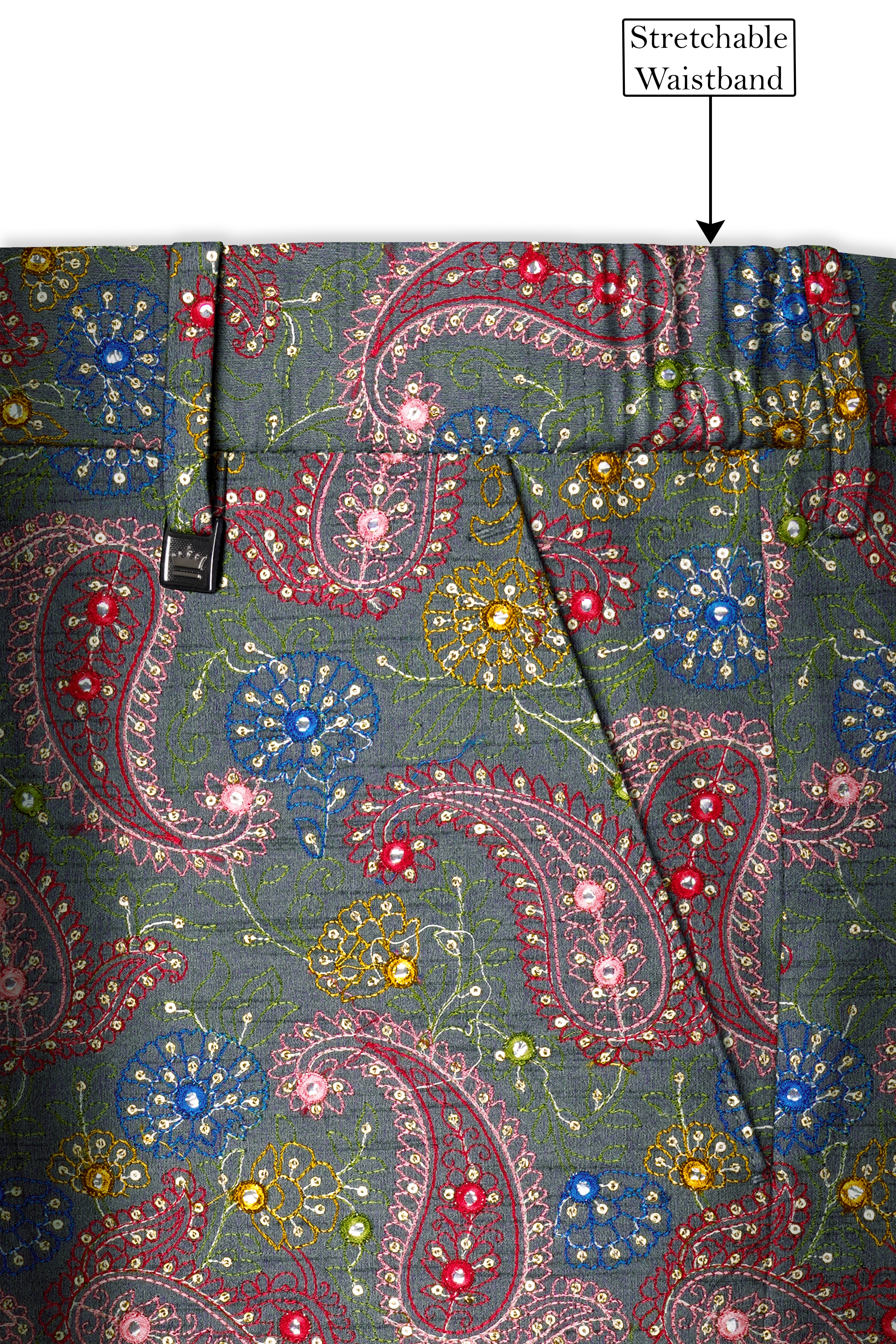 Paisora-Nickel Gray and Brink Pink Paisley Cotton Thread Embroidered Designer Stretchable Waistband Pant