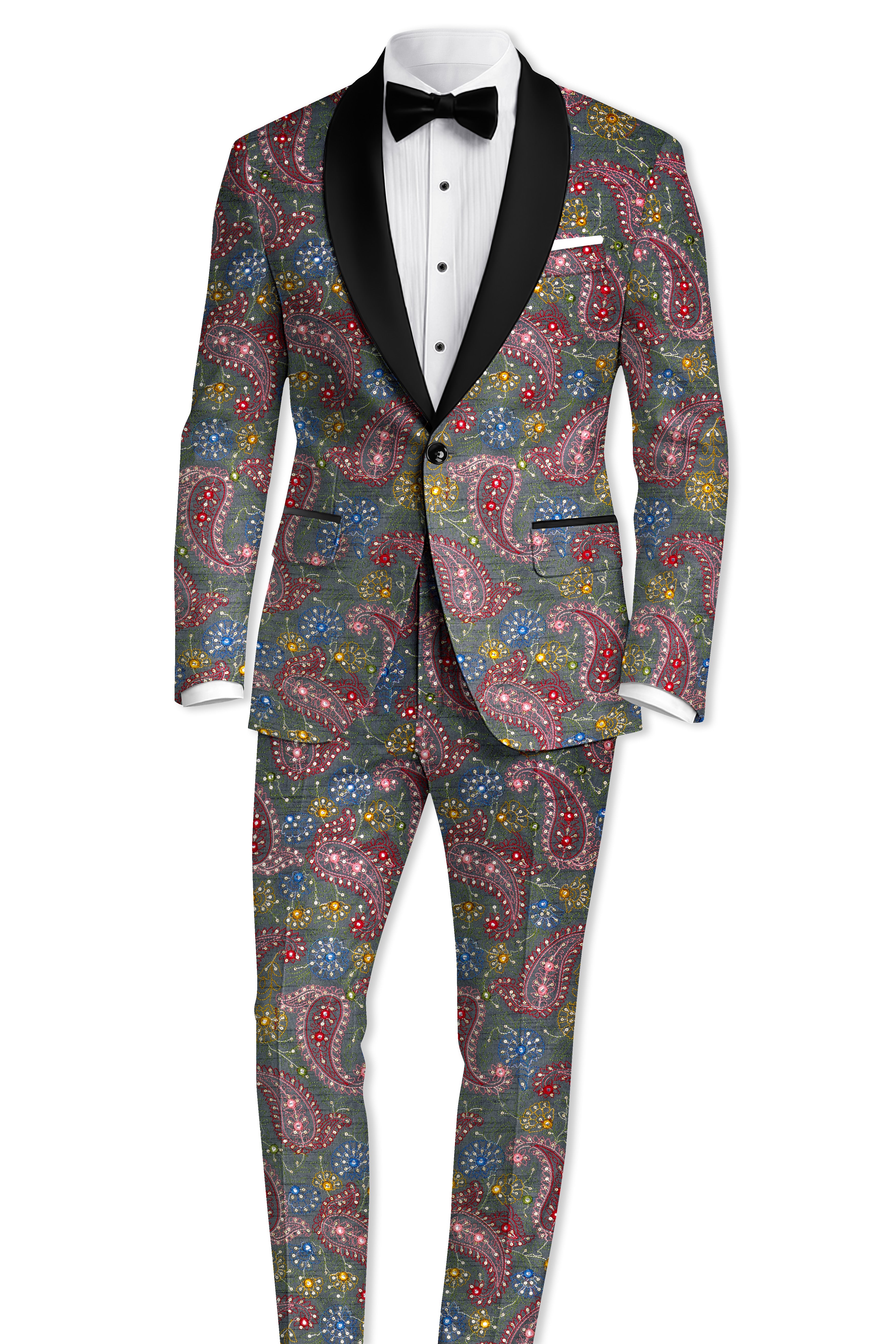 Paisora-Nickel Gray and Brink Pink Paisley Cotton Thread Embroidered Designer Stretchable Waistband Pant