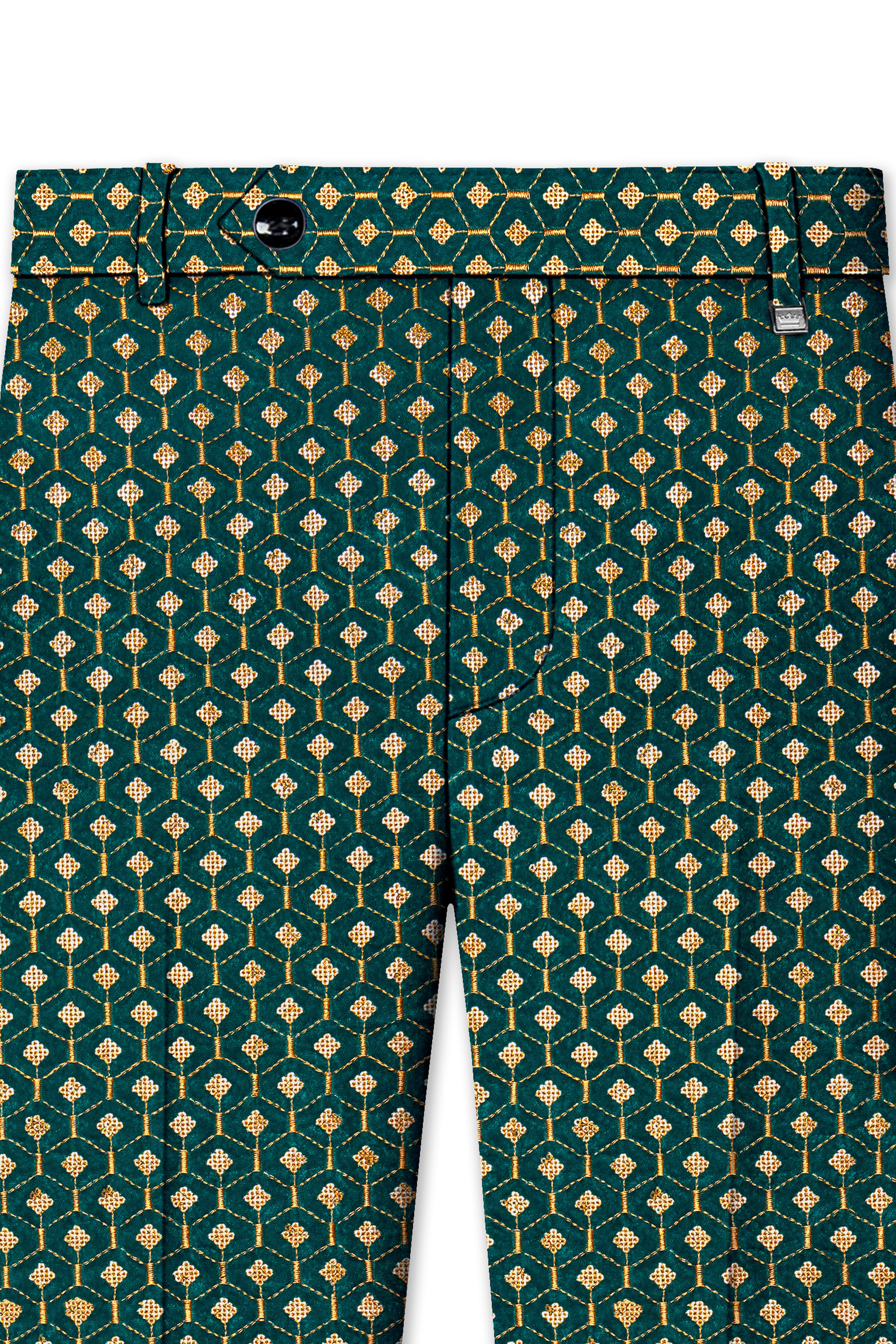 Aurevra-Sherpa Green and Givry Cream Hexagon Sequin and Thread Embroidered Designer Stretchable Waistband Pant