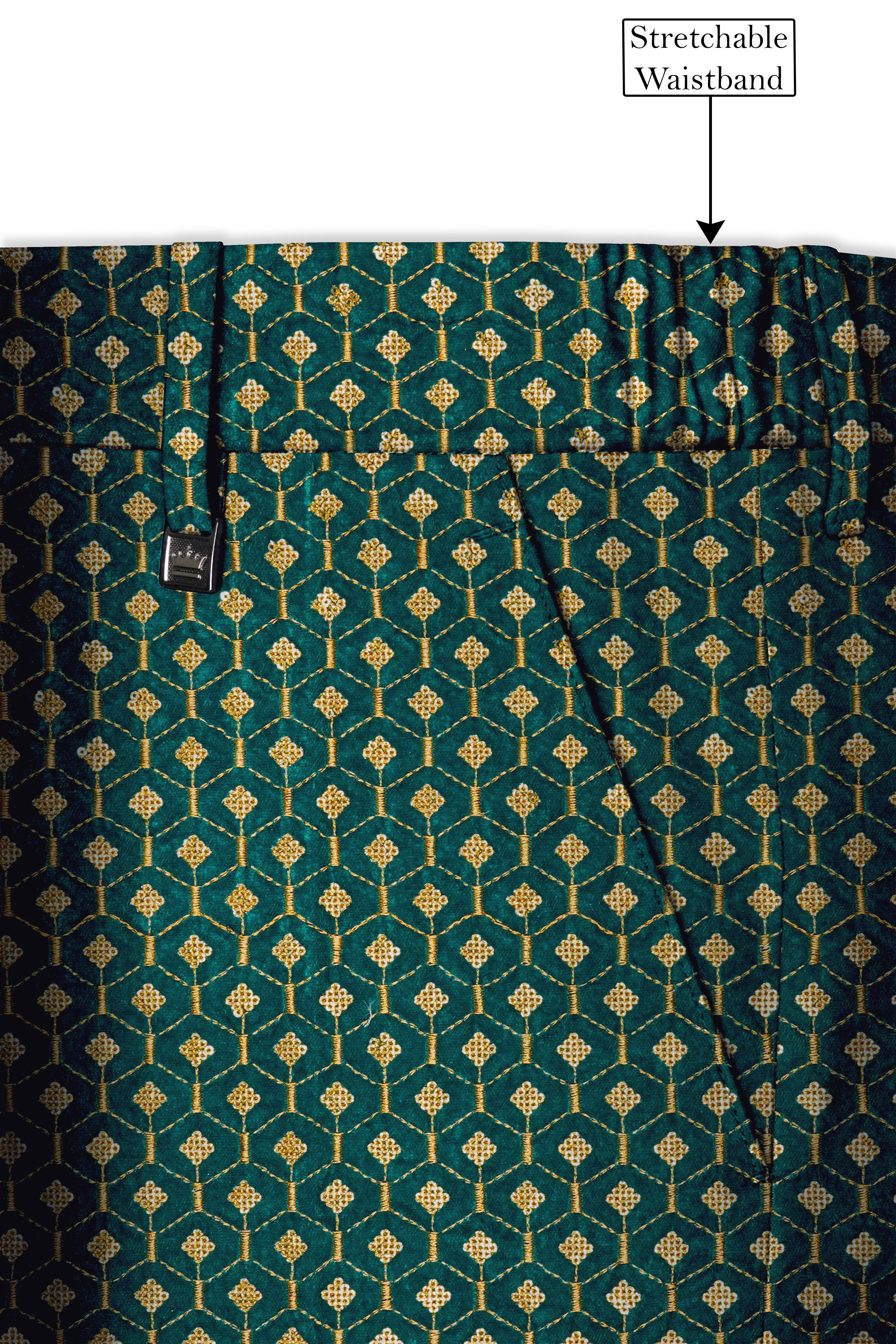 Aurevra-Sherpa Green and Givry Cream Hexagon Sequin and Thread Embroidered Designer Stretchable Waistband Pant