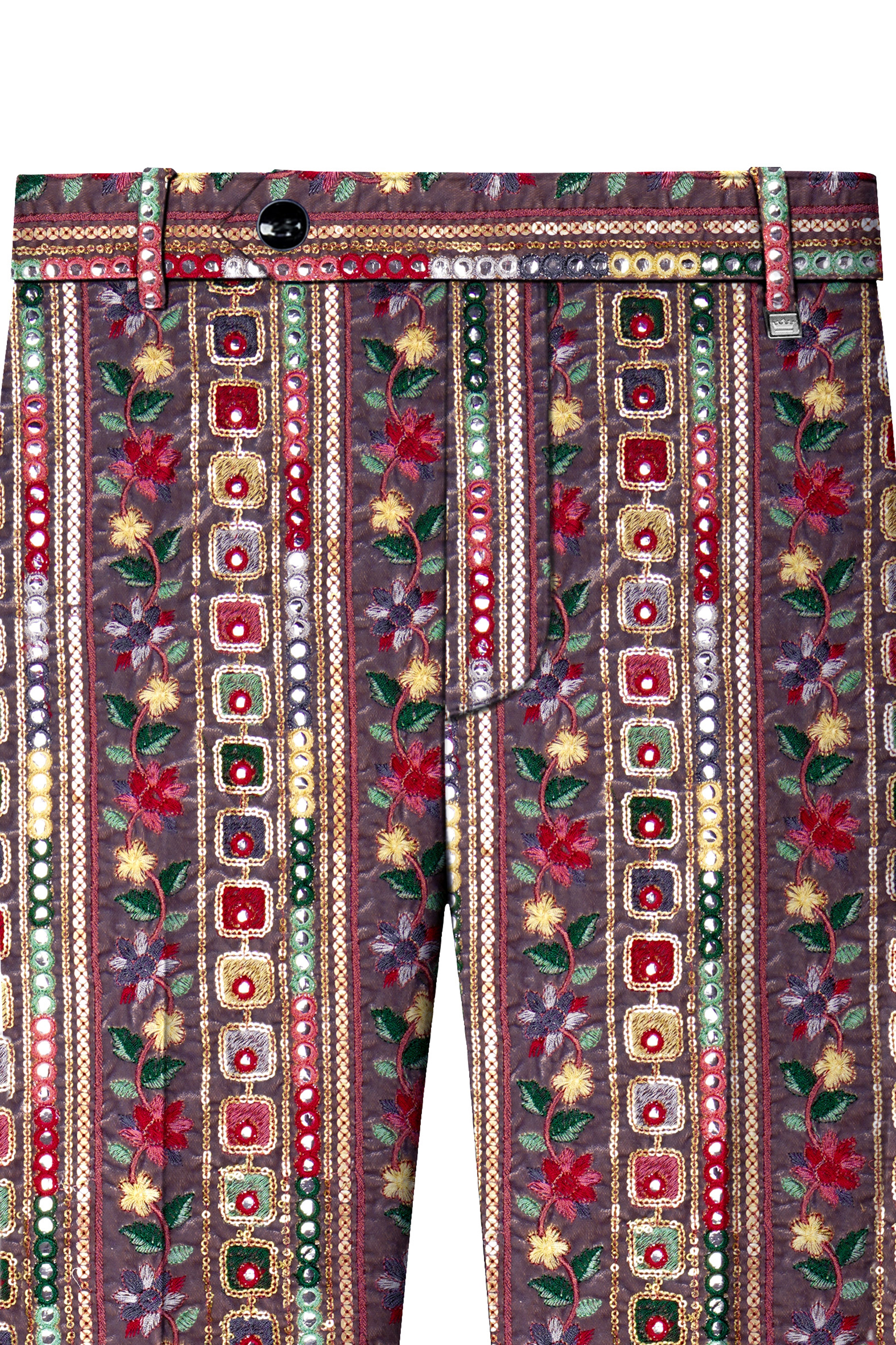 Refletta-Fedora Gray and Carmine Pink Thread and Sequin Embroidered with Mirror Work Designer Stretchable Waistband Pant