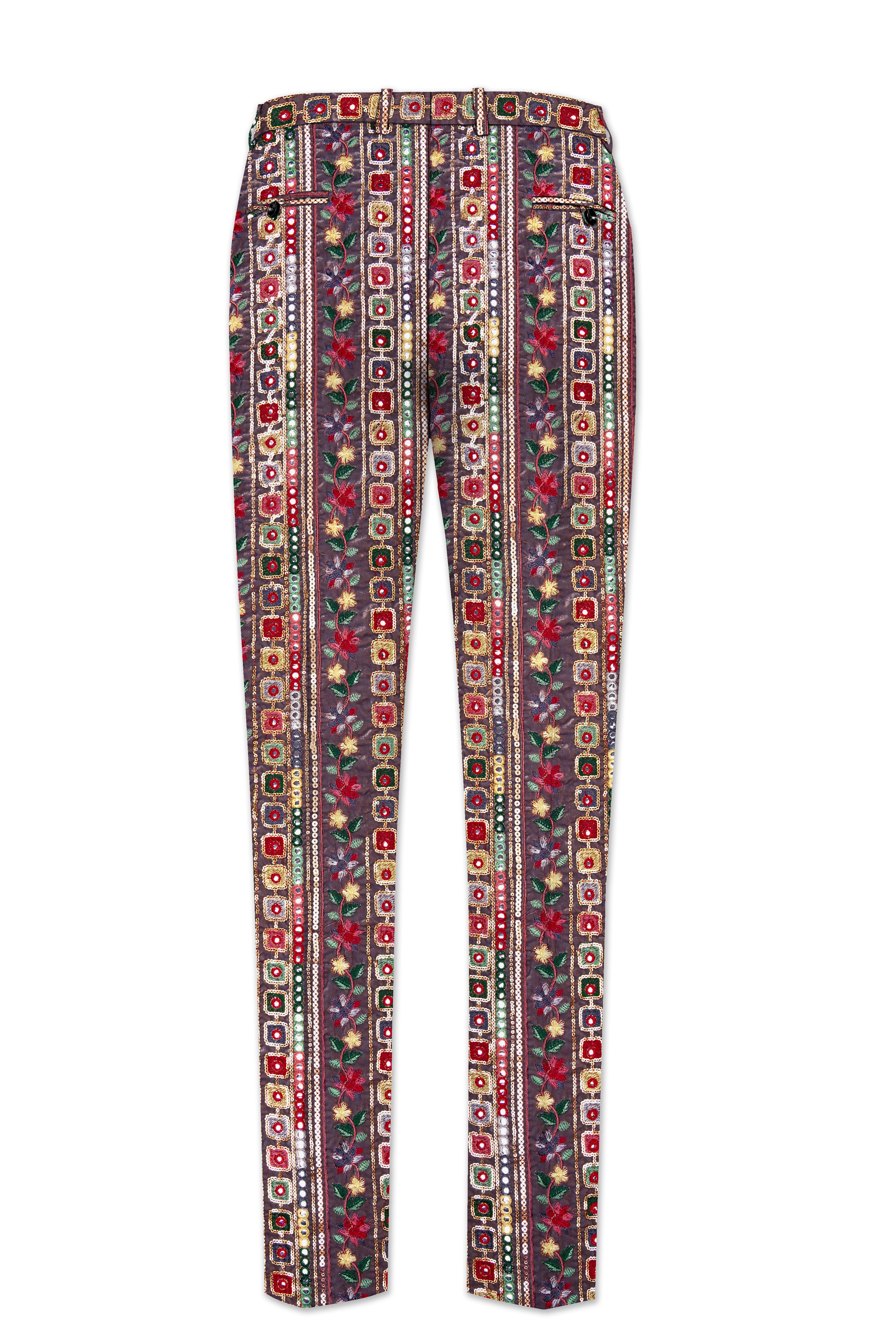 Refletta-Fedora Gray and Carmine Pink Thread and Sequin Embroidered with Mirror Work Designer Stretchable Waistband Pant