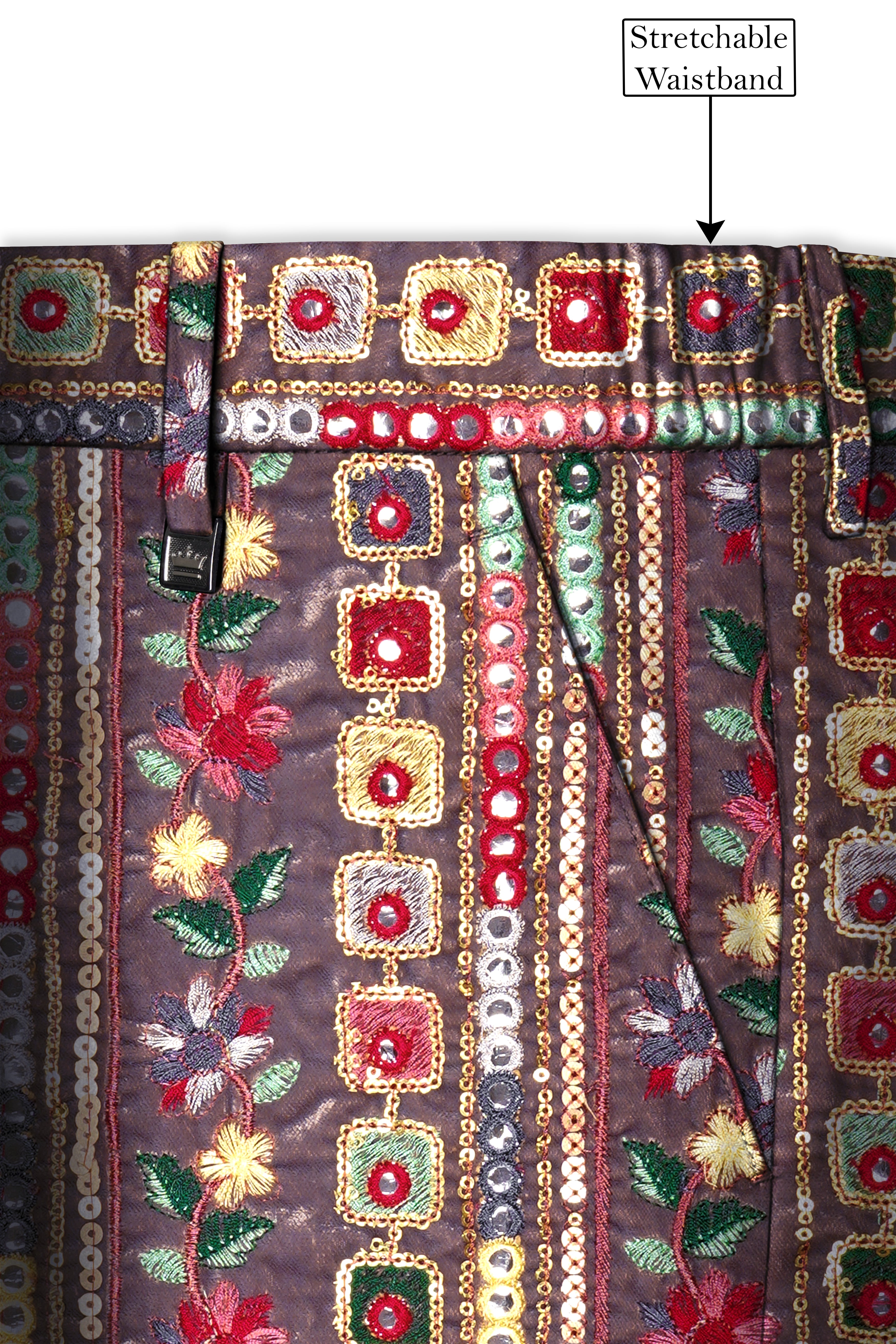 Refletta-Fedora Gray and Carmine Pink Thread and Sequin Embroidered with Mirror Work Designer Stretchable Waistband Pant