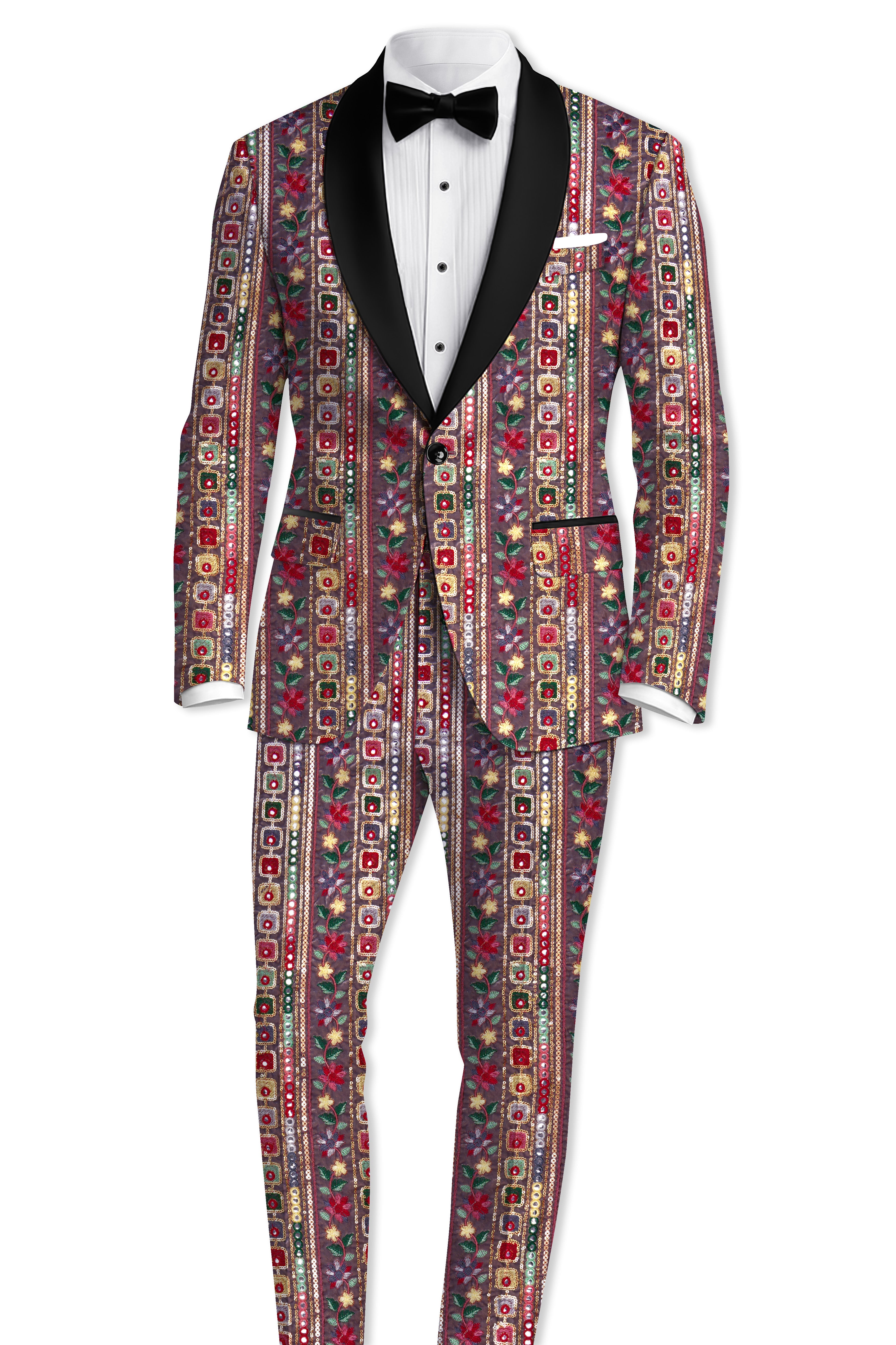 Refletta-Fedora Gray and Carmine Pink Thread and Sequin Embroidered with Mirror Work Designer Stretchable Waistband Pant