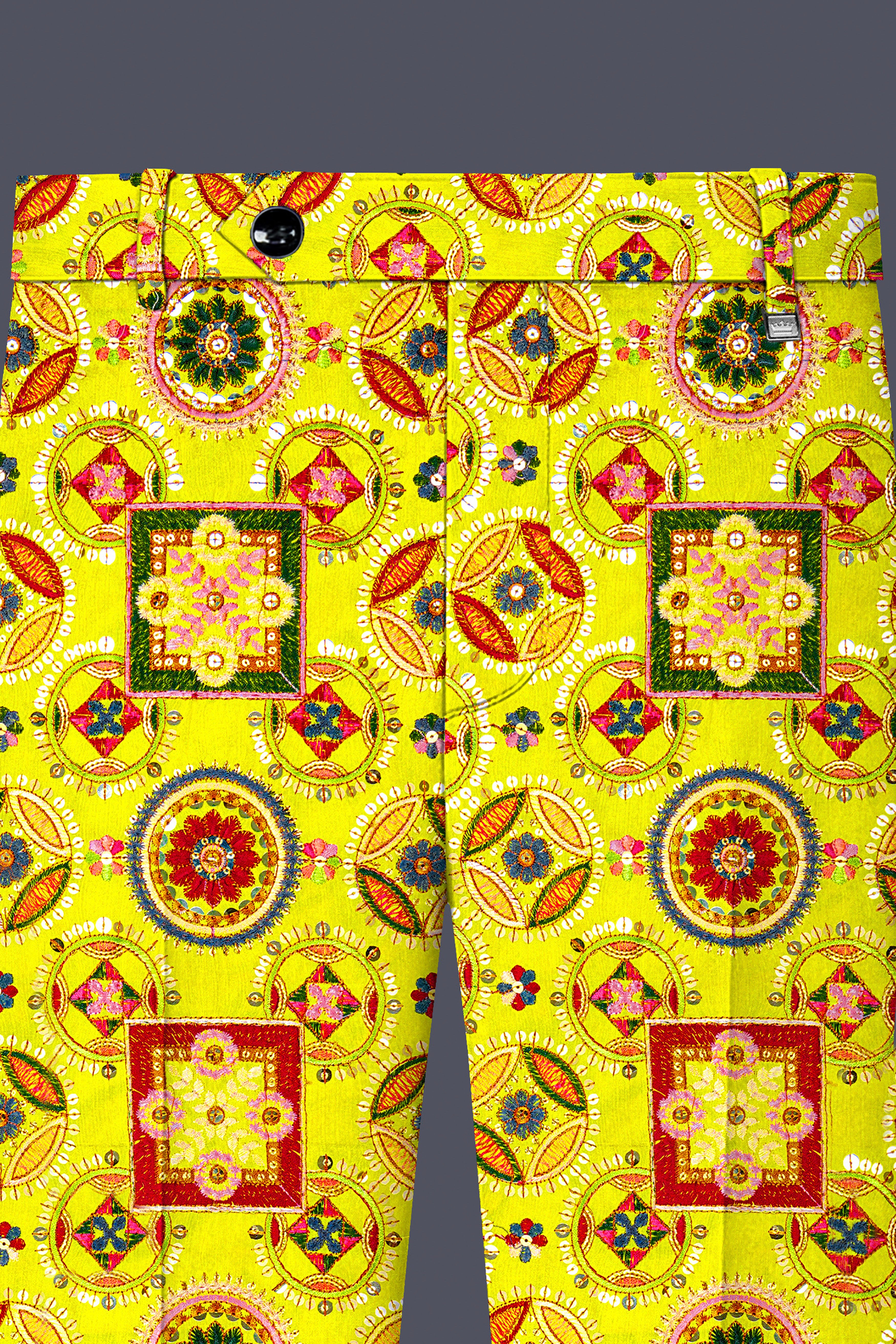 Coutflora-Custard Yellow Multicolour Cotton Thread Embroidered Designer Stretchable Waistband Pant