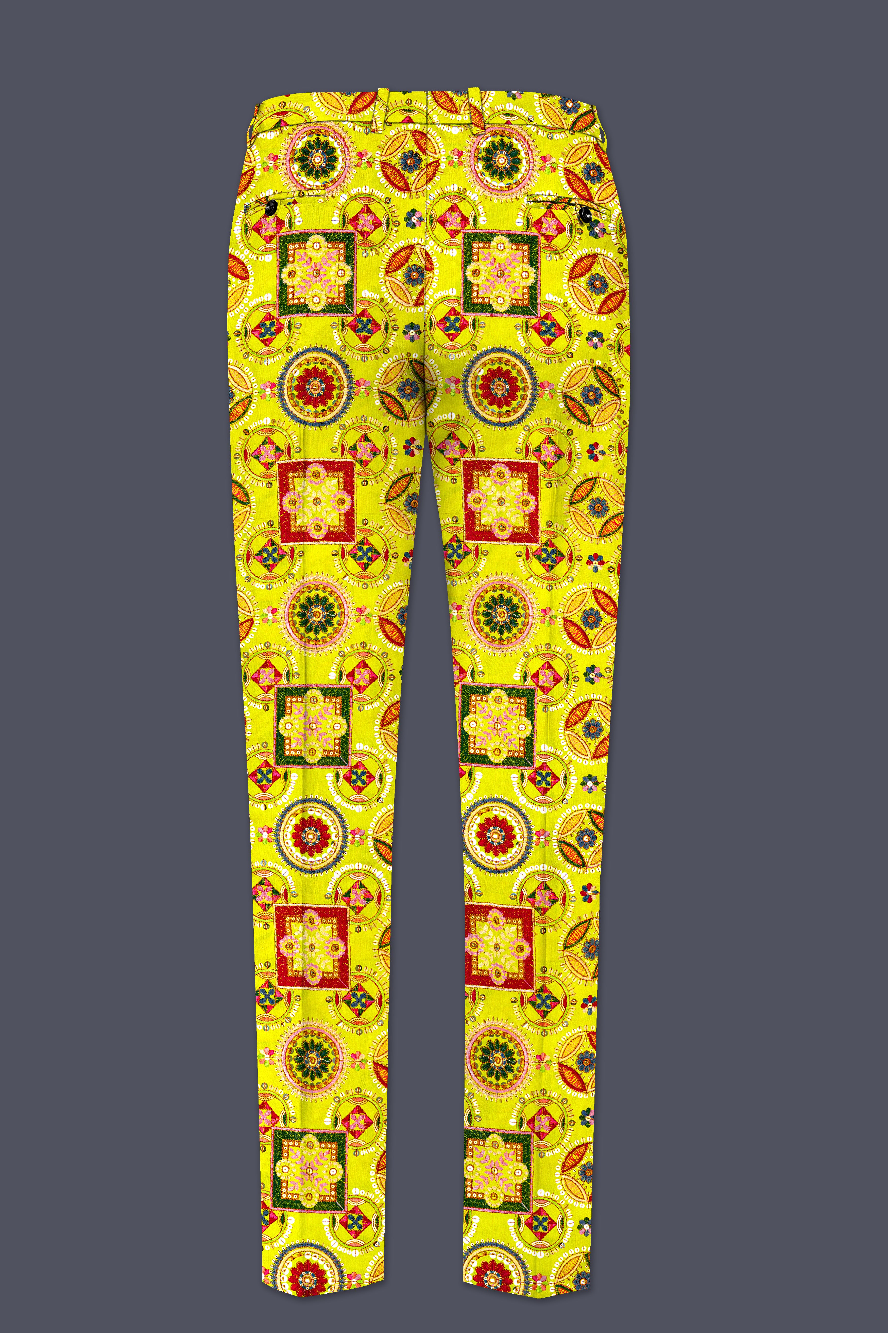 Coutflora-Custard Yellow Multicolour Cotton Thread Embroidered Designer Stretchable Waistband Pant