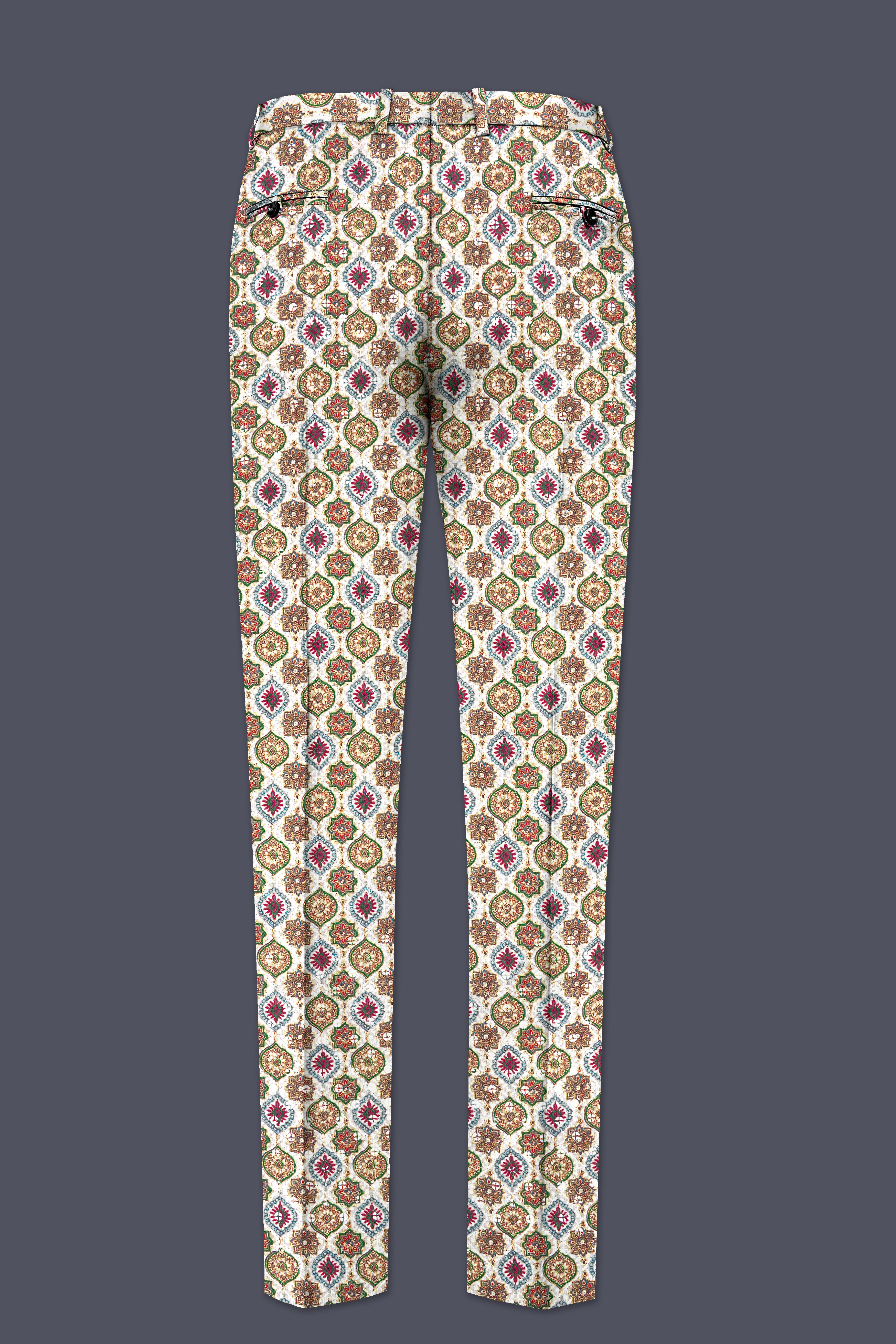 Alvesso-Bright White And Spruce Green Embroidered Designer Stretchable Waistband Pant